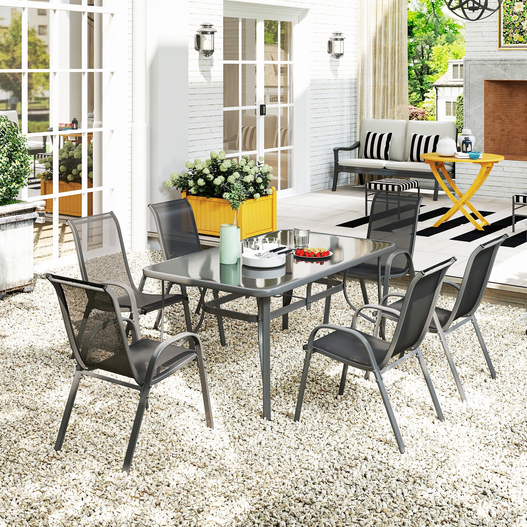 Outsunny Conjunto de Mesa y Sillas Jardín de 7 Piezas, Muebles de Jardín Exterior con Mesa y 6 Sillas para Terraza con Orificio para Sombrilla y Encimera de Cristal, para Terraza Patio, Gris Oscuro