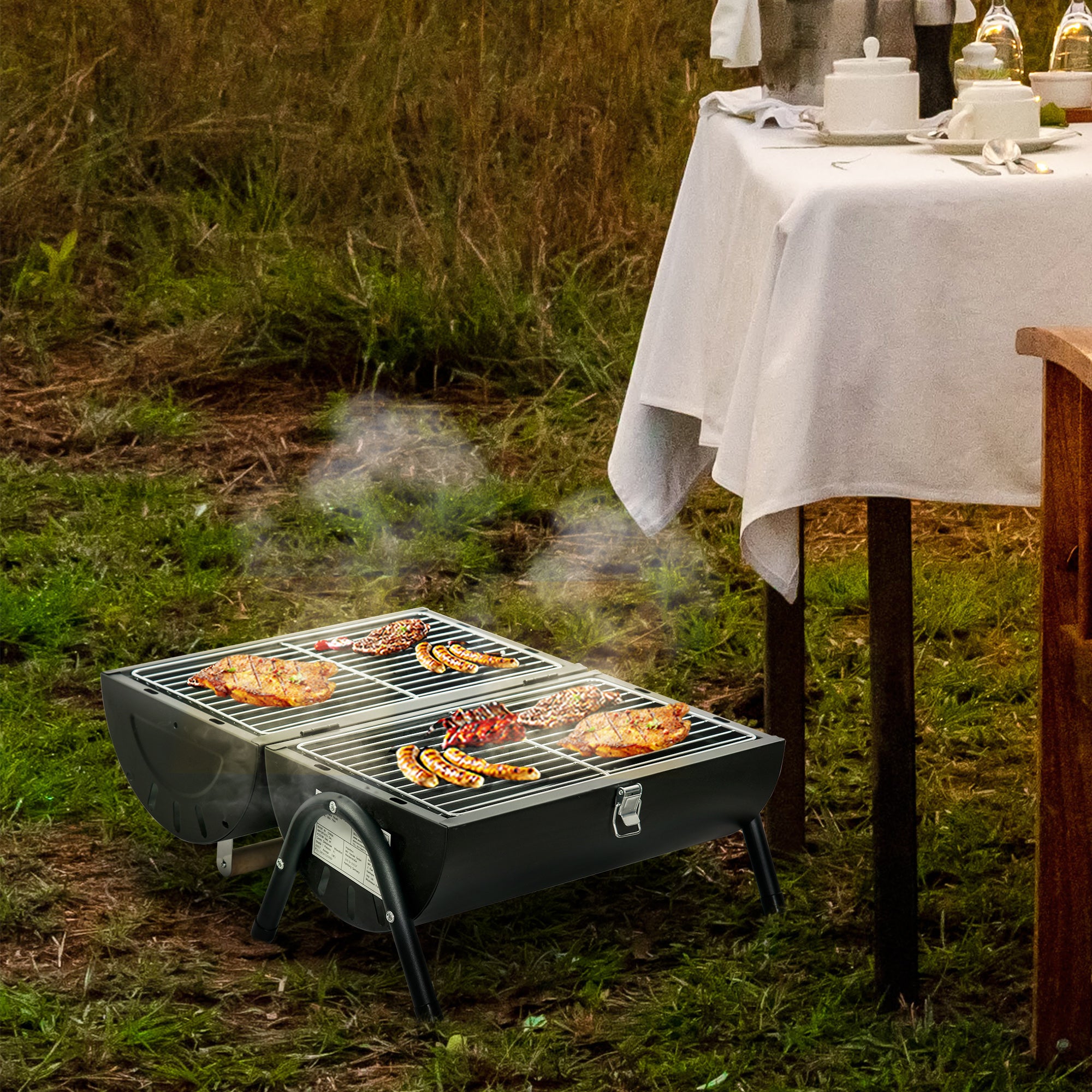Outsunny Barbacoa de Carbón Portátil Barbacoa Sobremesa con 2 Parrillas Cocina con Asa y Cierre para Asar Picnic Camping Fiesta 42x29x45 cm Negro