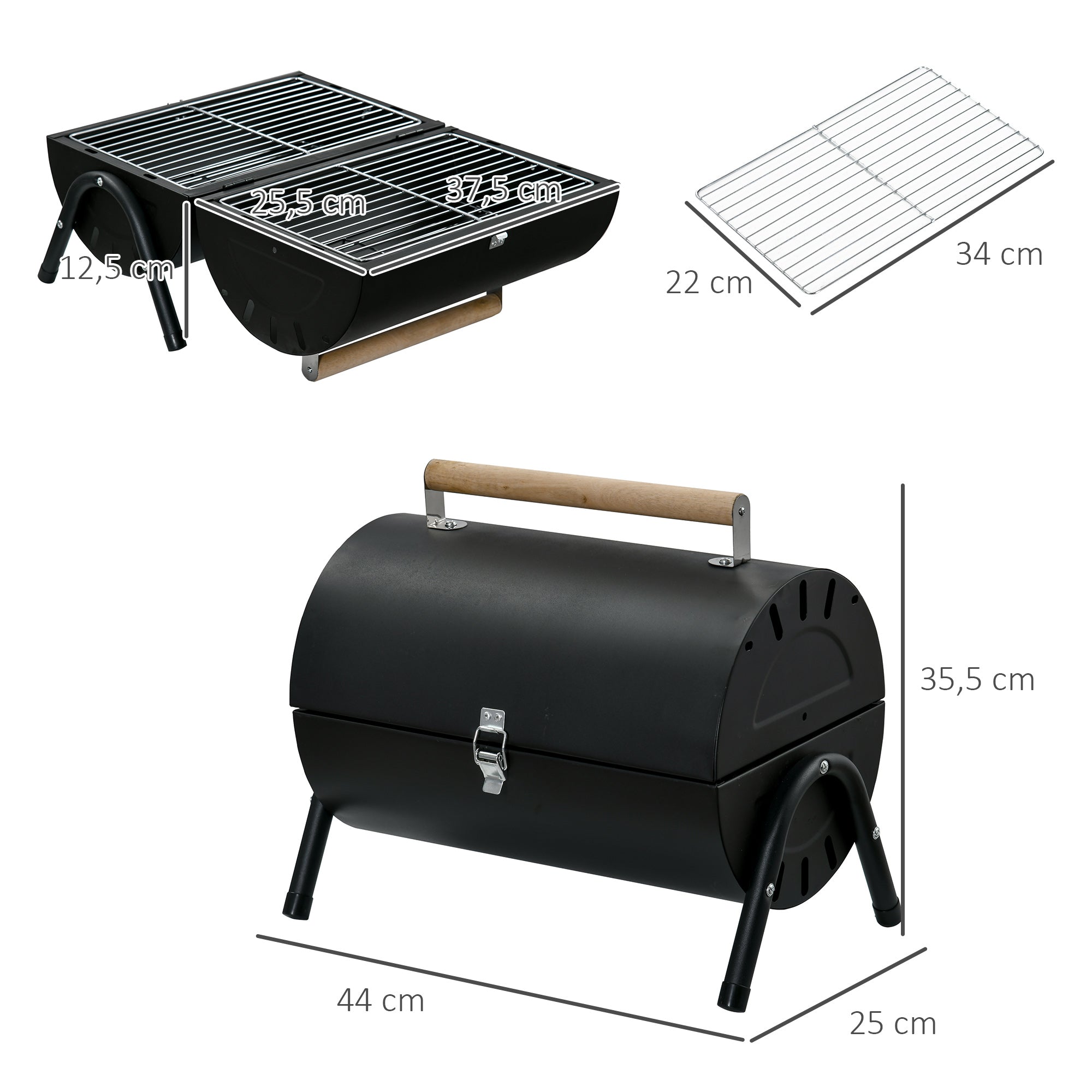 Outsunny Barbacoa de Carbón Portátil Barbacoa Sobremesa con 2 Parrillas Cocina con Asa y Cierre para Asar Picnic Camping Fiesta 42x29x45 cm Negro