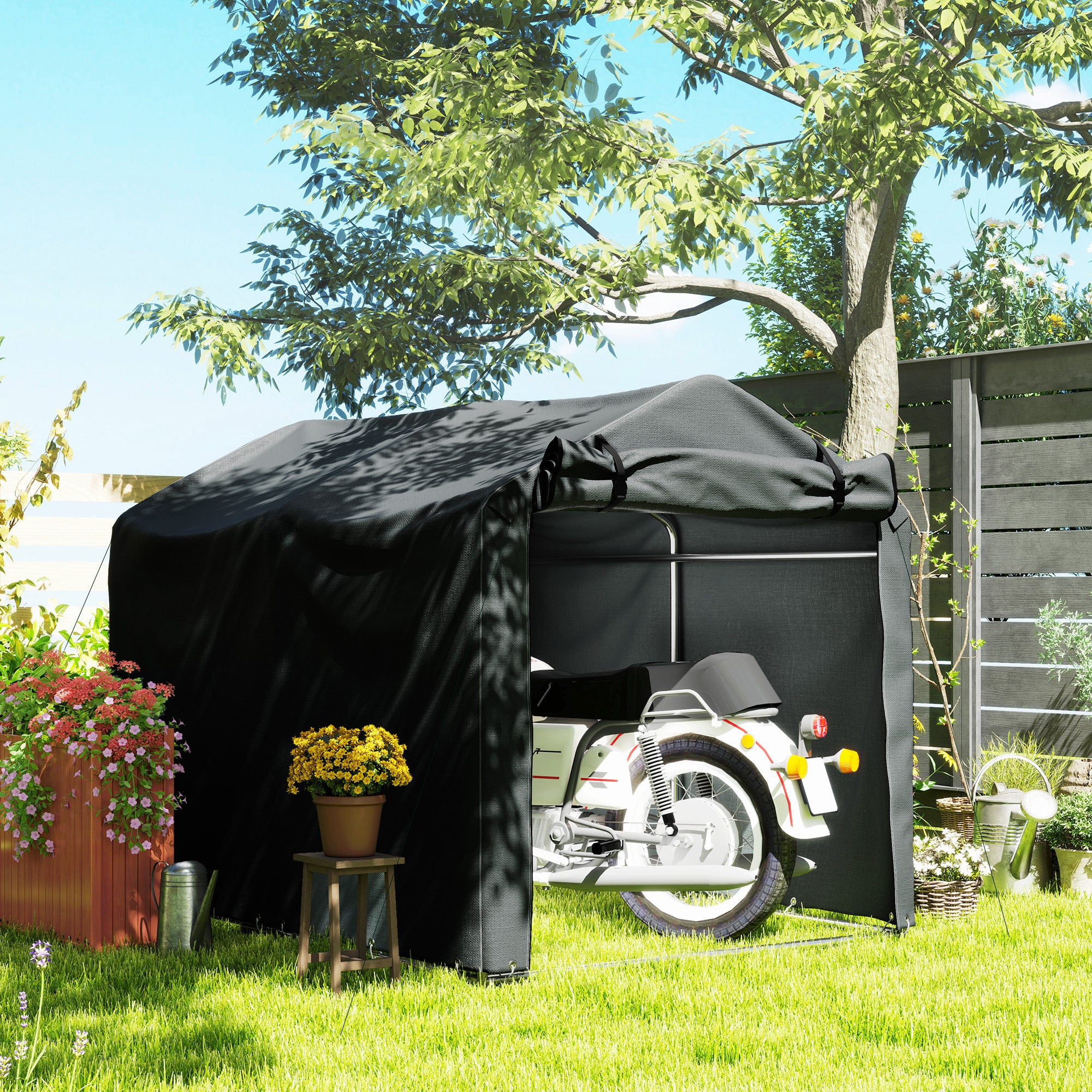 Outsunny Carpa de Jardín Exterior para Herramientas Bicicletas 2,2x1,57x1,65 m, Cobertizo Exterior con Puerta Desmontable con Cremallera, Impermeable, Anti-UV, Garaje Portátil, Gris Oscuro