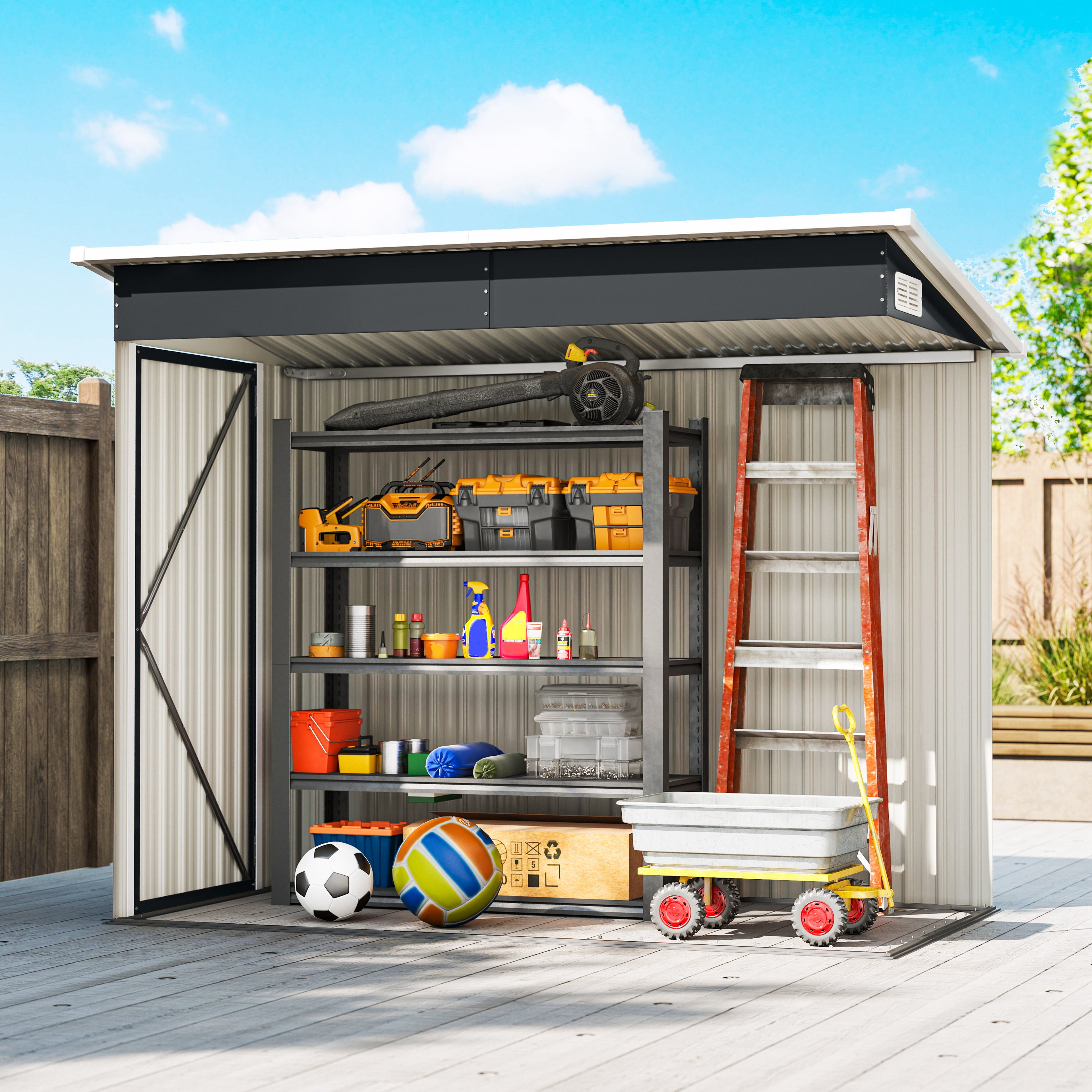 Outsunny Caseta de Jardín Exterior 2,7 m², 234x132x185 cm, Cobertizo de Jardín Exterior Metálico con Triple Puerta, Cerradura, Techo Inclinado y Ventilación para Almacenamiento de Herramientas, Gris