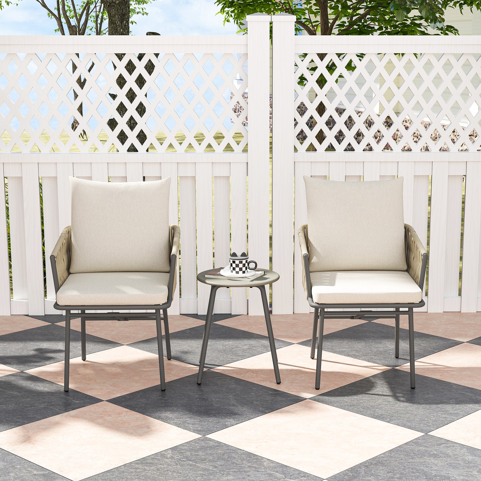 Outsunny Conjunto de Jardín Exterior de 3 Piezas Muebles de Jardín con 2 Sillas con Cojines Extraíbles Lavables y Mesa Terraza con Tablero de Metal Impermeable Anti-UV para Balcón Patio Gris y Crema