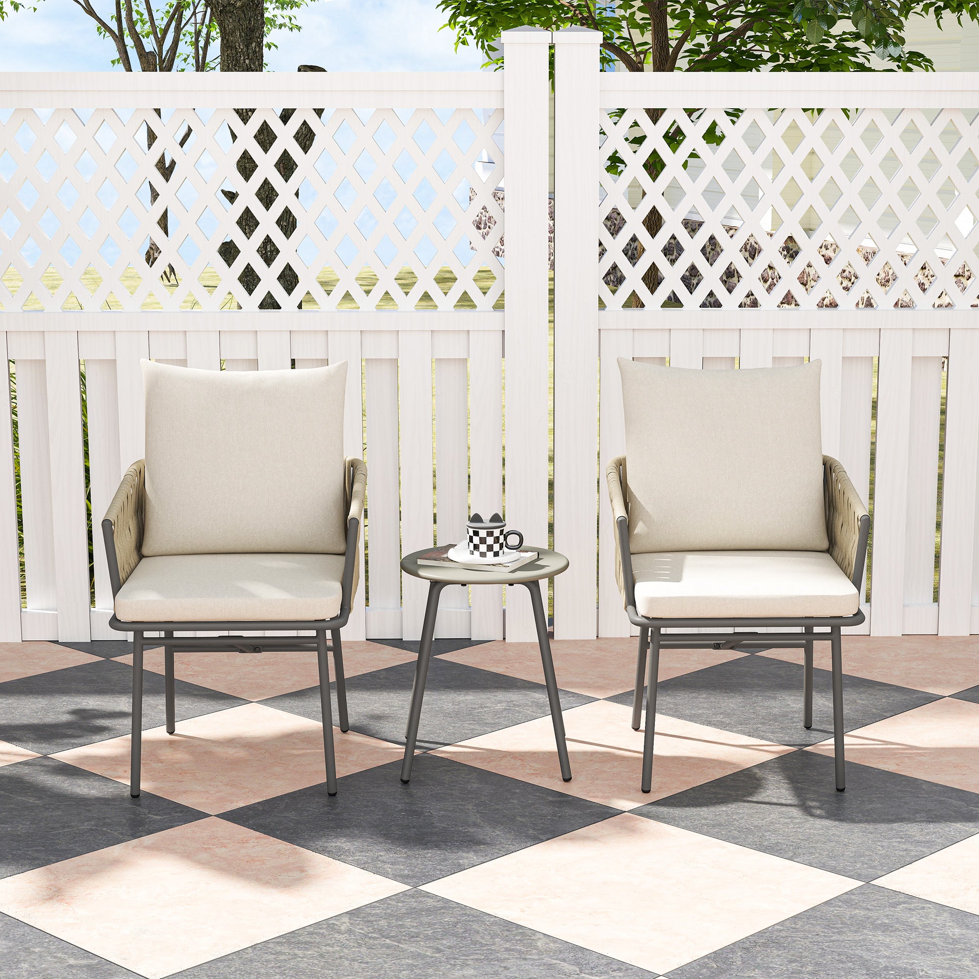 Outsunny Conjunto de Jardín Exterior de 3 Piezas Muebles de Jardín con 2 Sillas con Cojines Extraíbles Lavables y Mesa Terraza con Tablero de Metal Impermeable Anti-UV para Balcón Patio Gris y Crema