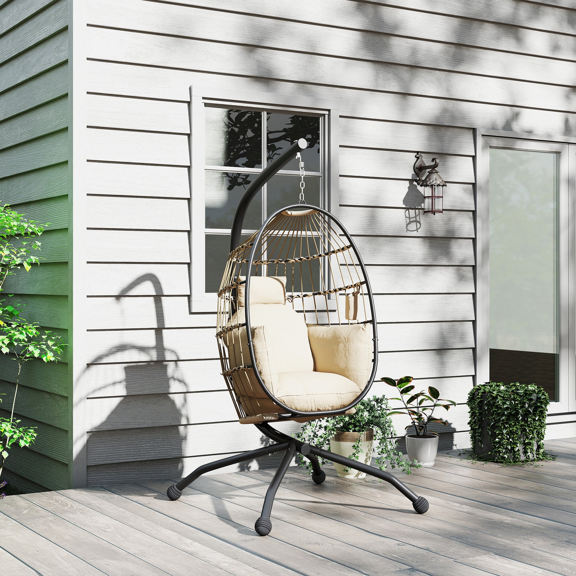 Outsunny Silla Colgante Huevo con Soporte Columpio Jardín Exterior con Cesta Plegable Cojín y Reposacabezas Portavaso Columpio Colgante para Interior y Exterior Carga 120 kg Caqui