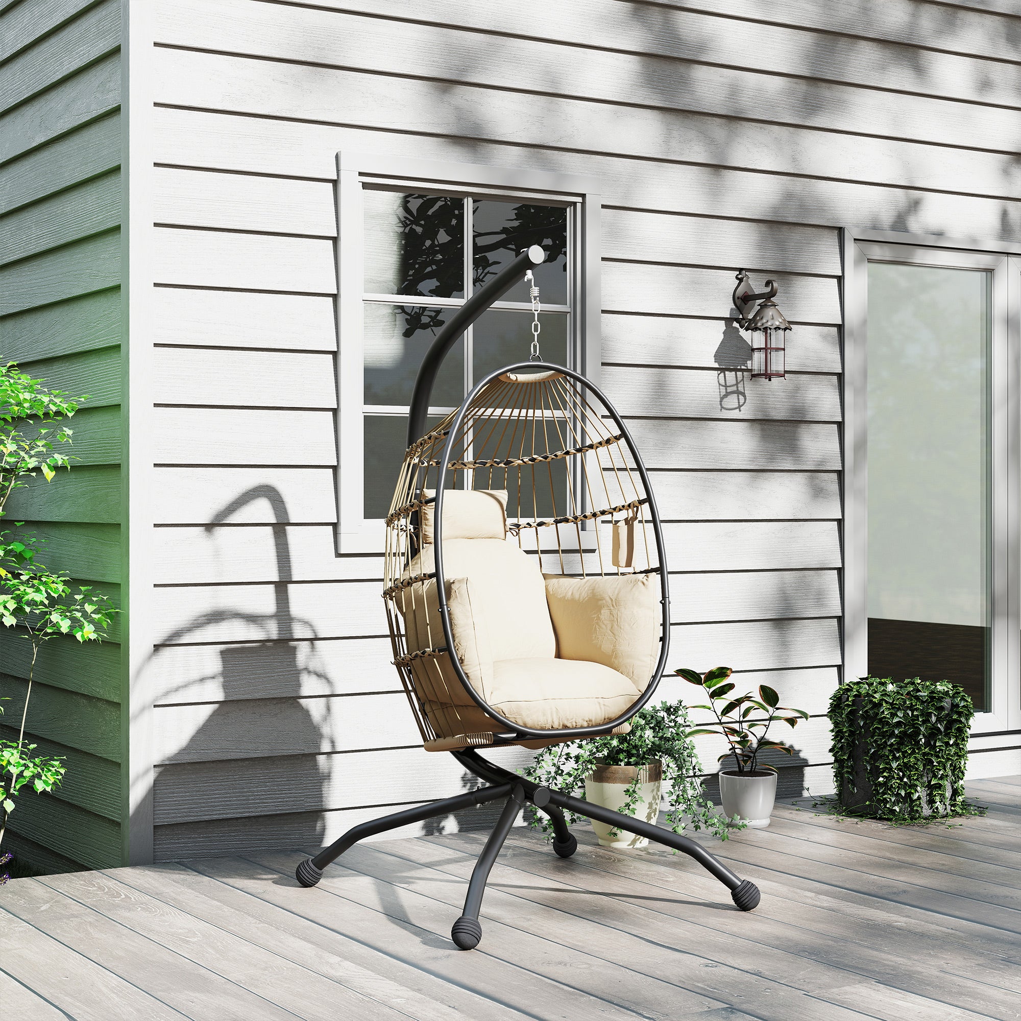 Outsunny Silla Colgante Huevo con Soporte Columpio Jardín Exterior con Cesta Plegable Cojín y Reposacabezas Portavaso Columpio Colgante para Interior y Exterior Carga 120 kg Caqui