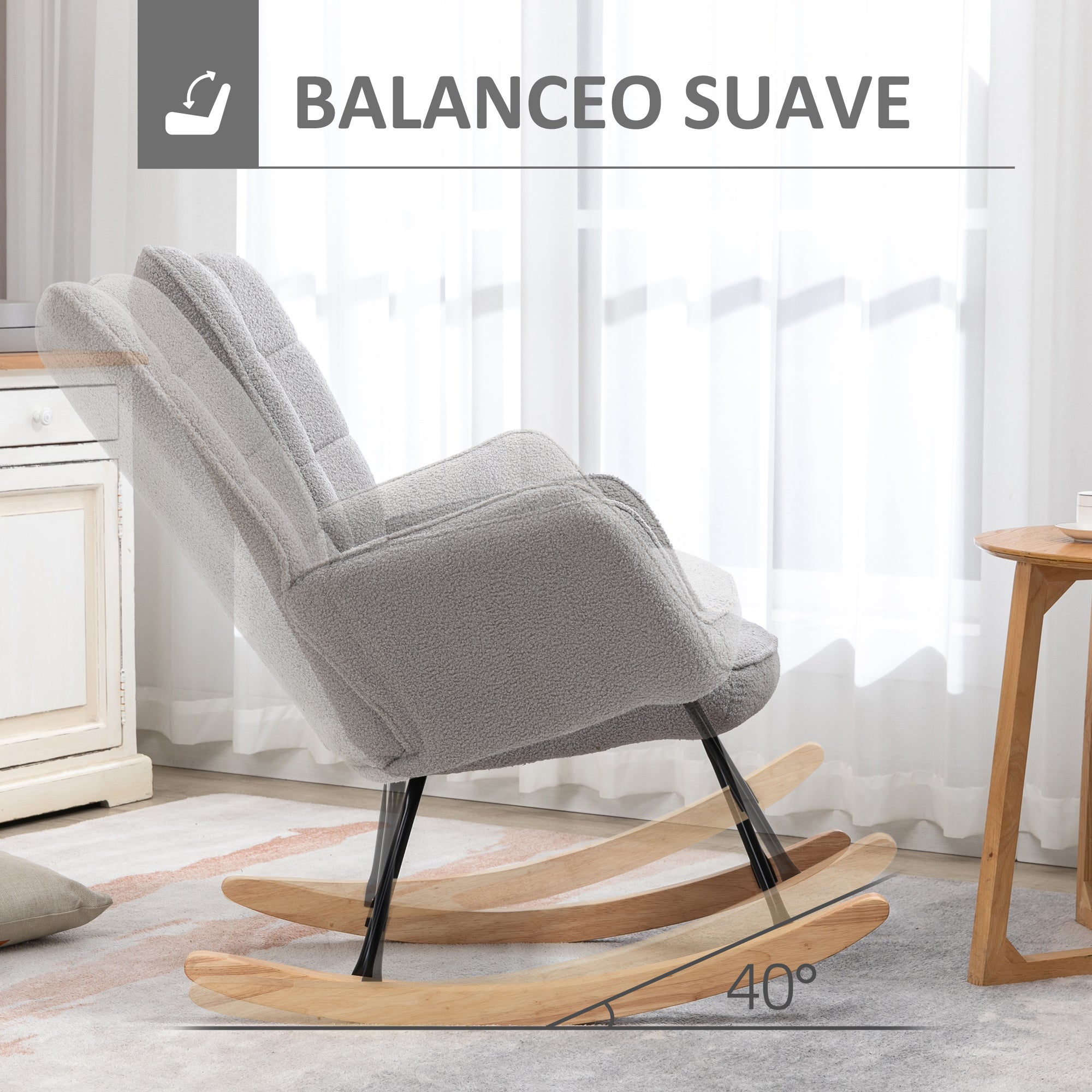 HOMCOM Mecedora de Borreguito Silla Mecedora con Patas de Madera de Haya y Marco de Acero Silla para Lactancia Carga 120 kg para Dormitorio Salón Gris