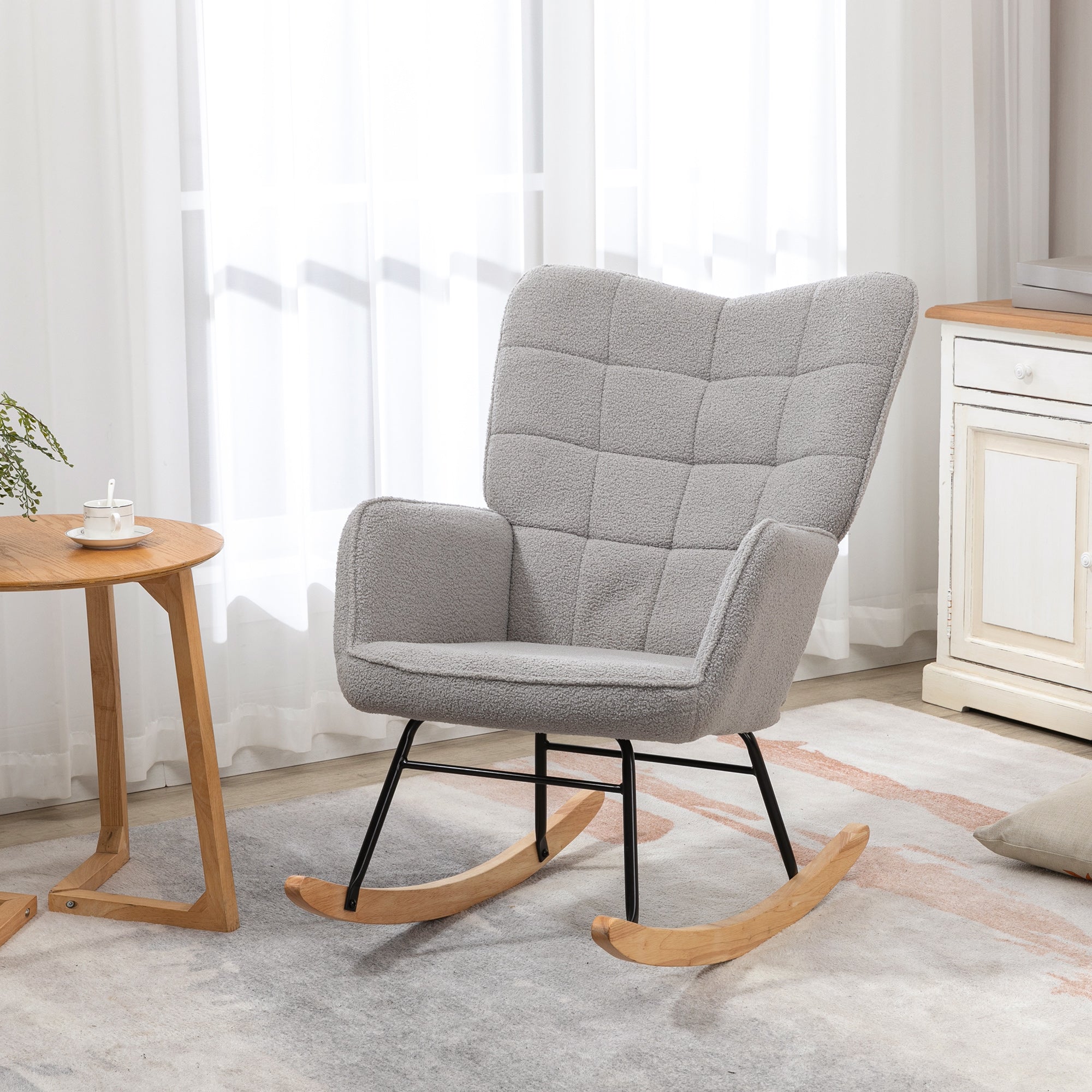 HOMCOM Mecedora de Borreguito Silla Mecedora con Patas de Madera de Haya y Marco de Acero Silla para Lactancia Carga 120 kg para Dormitorio Salón Gris