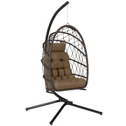 Outsunny Silla Colgante Huevo con Soporte, Columpio Jardín Exterior con Cesta Plegable de Ratán, Cojín Grueso, Reposacabezas, Funda Protectora y Cuerda para Interior y Exterior, Carga 120 kg, Marrón