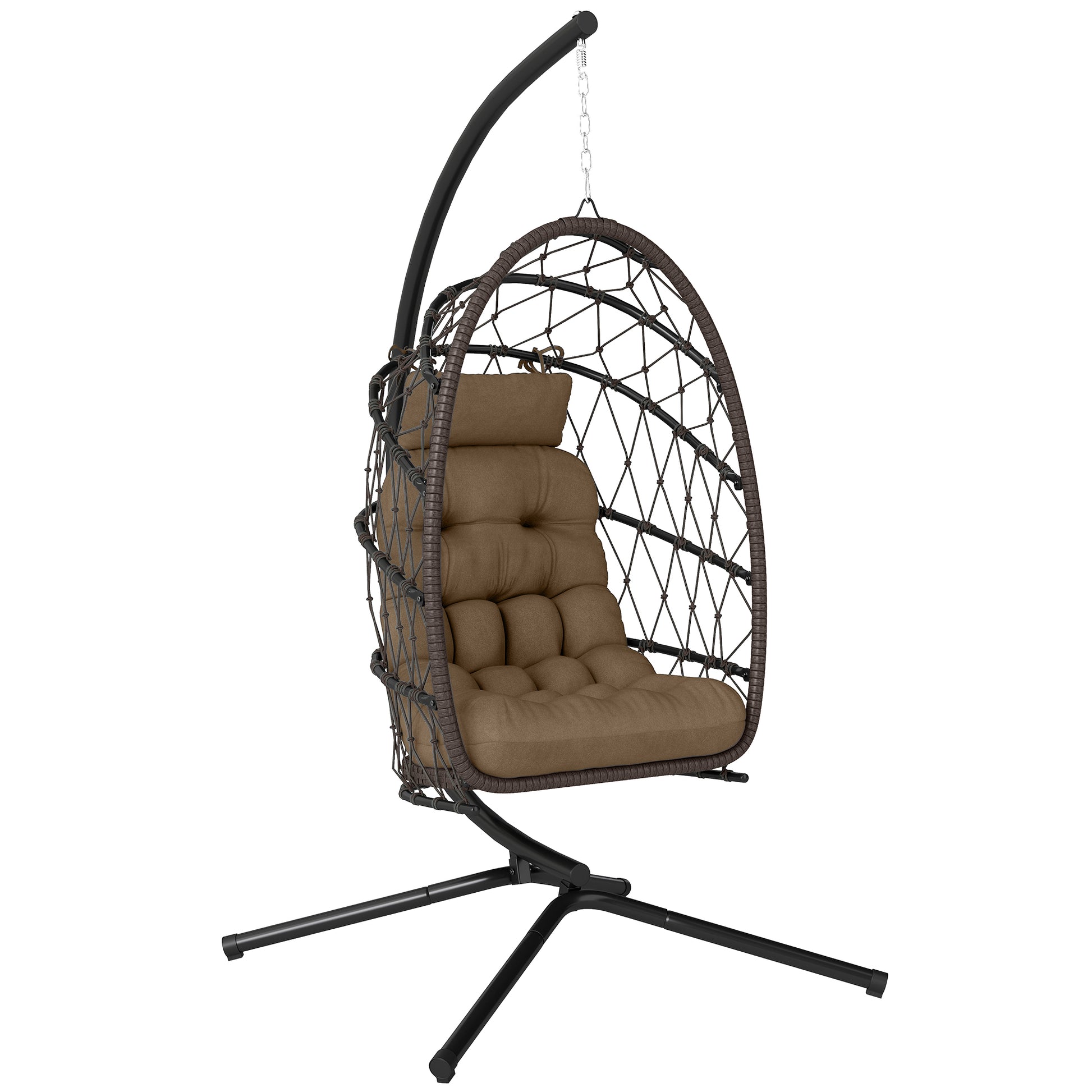 Outsunny Silla Colgante Huevo con Soporte, Columpio Jardín Exterior con Cesta Plegable de Ratán, Cojín Grueso, Reposacabezas, Funda Protectora y Cuerda para Interior y Exterior, Carga 120 kg, Marrón
