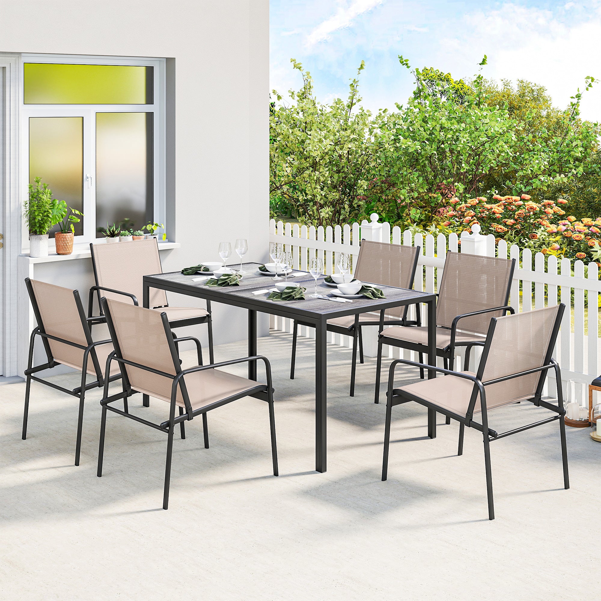 Outsunny Conjunto de Mesa y Sillas Jardín de 7 Piezas, Muebles de Jardín Exterior con Mesa de Efecto Madera y 6 Sillas con Asiento Transpirable, Marco de Acero Galvanizado, para Terraza, Patio, Caqui