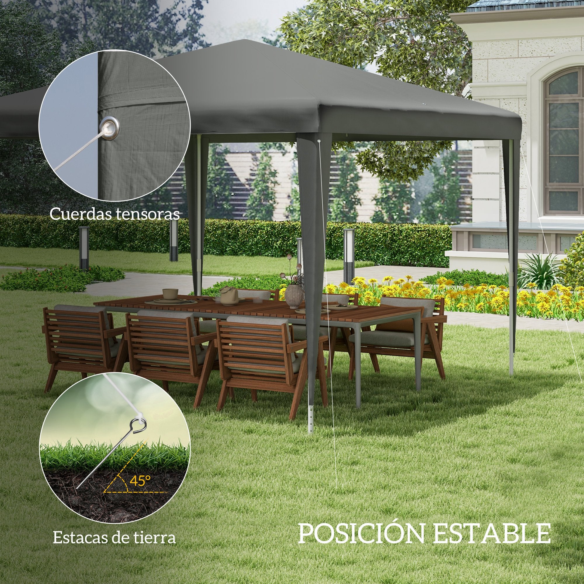 Outsunny Carpa Desmontable 3x3 m Cenador Pabellón de Jardín con 4 Orificios de Drenaje y Marco de Acero Anti-UV Gazebo para Terraza Patio Exterior Camping Gris