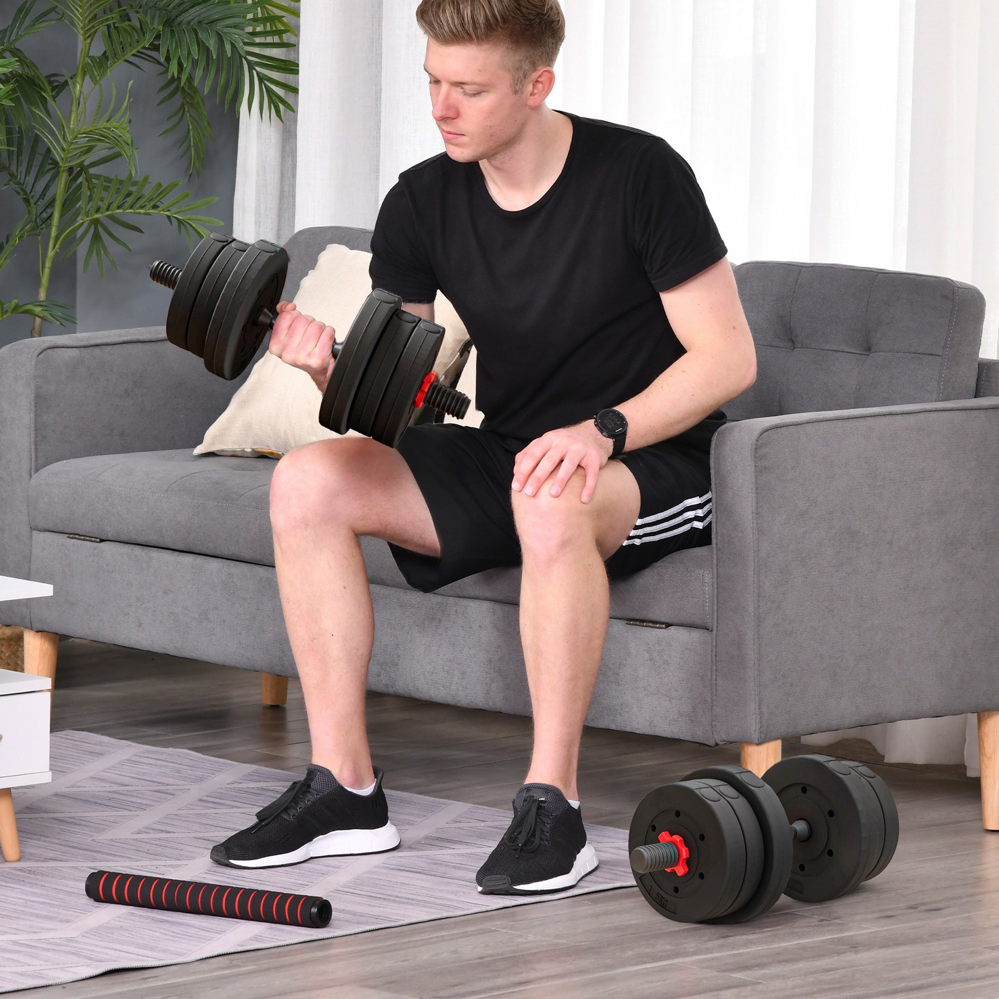 HOMCOM Juego de Mancuernas Ajustables, 2 en 1, 20kg, Juego de Pesas con Barra de Conexión y Mango Antideslizante, Pesas y Mancuernas para Hombres y Mujeres, Ejercicio de Fitness, Casa Gimnasio