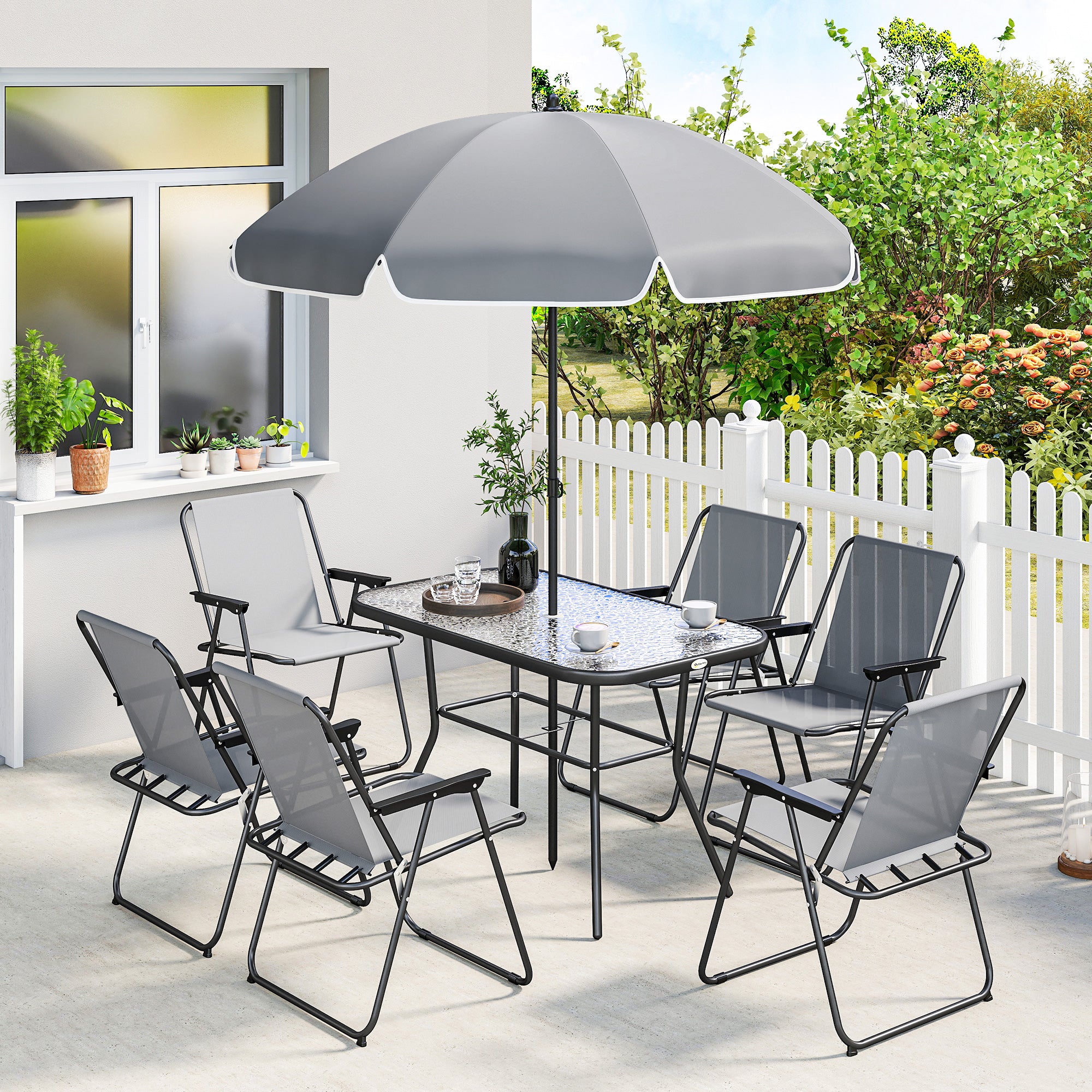 Outsunny Conjunto de Mesa y Sillas Jardín de 8 Piezas, Muebles de Jardín Exterior con Sombrilla, 6 Sillas Plegables, Mesa de Vidrio Templado, para Terraza, Patio, Gris