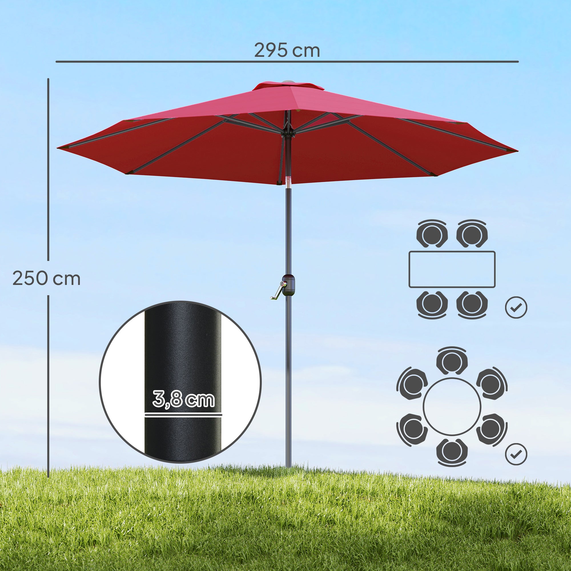 Outsunny Sombrilla de Jardín Ø295x250 cm con Manivela Parasol Exterior con Mecanismo de Inclinación y Poste Desmontable de Metal para Terraza Piscina Patio Vino Tinto