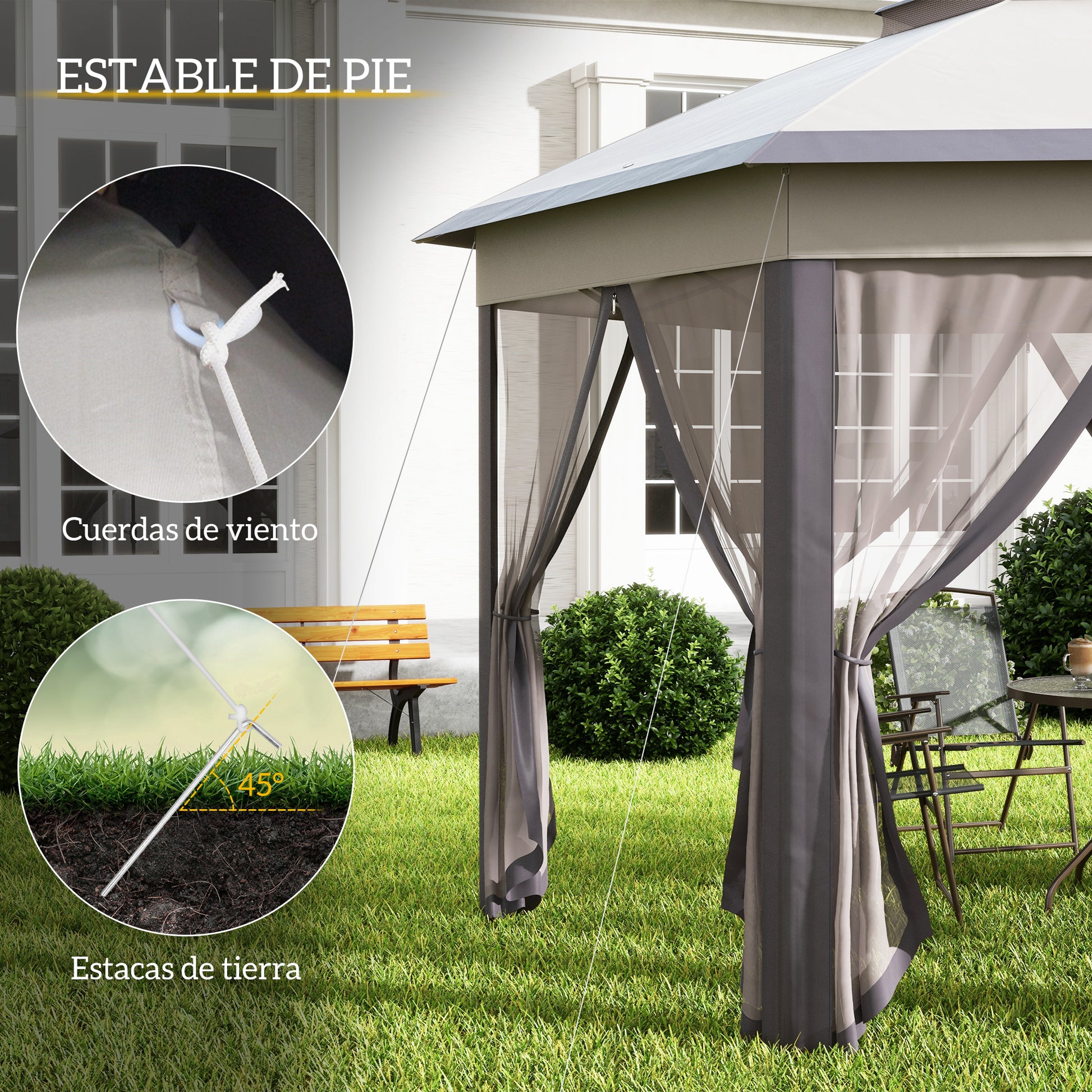 Outsunny Carpa Plegable 4x3,4 m, Cenador de Jardín Hexagonal con Doble Techo, 6 Mosquiteras Extraíbles y Bolsa de Transporte, Impermeable, Anti-UV para Exterior, Fiestas, Marrón y Beige