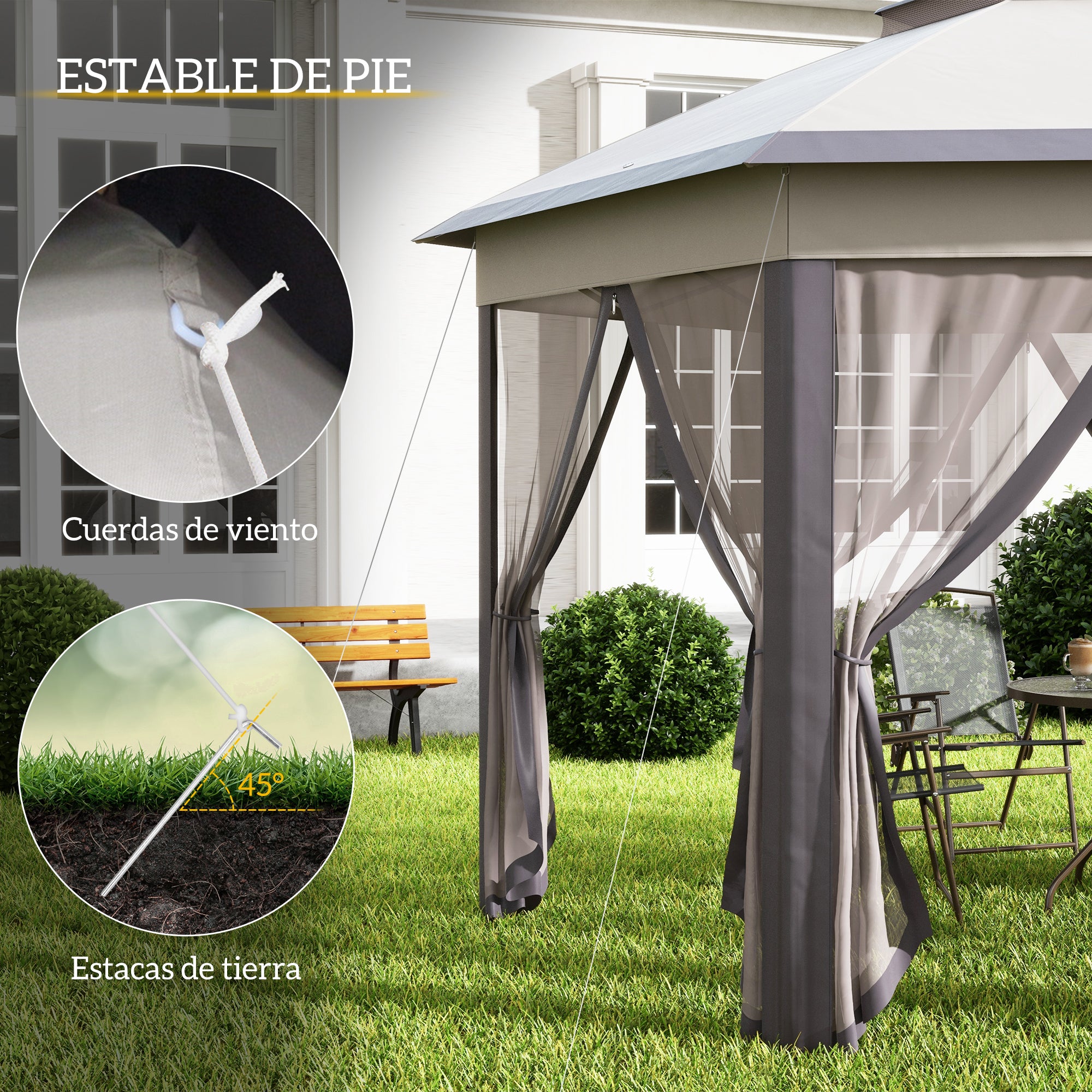 Outsunny Carpa Plegable 4x3,4 m, Cenador de Jardín Hexagonal con Doble Techo, 6 Mosquiteras Extraíbles y Bolsa de Transporte, Impermeable, Anti-UV para Exterior, Fiestas, Marrón y Beige