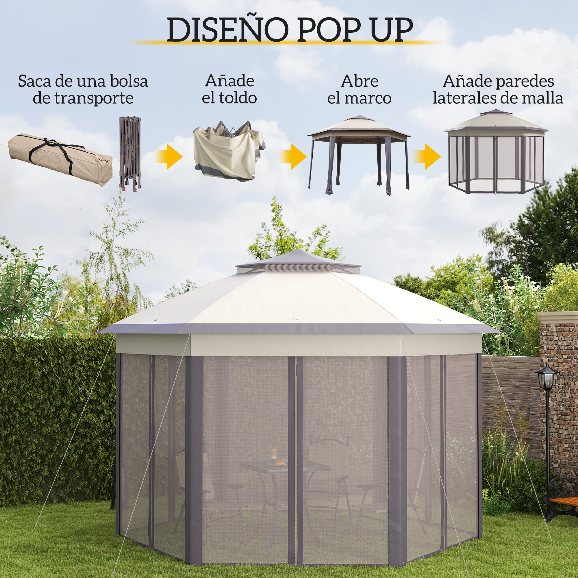 Outsunny Carpa Plegable 4x3,4 m, Cenador de Jardín Hexagonal con Doble Techo, 6 Mosquiteras Extraíbles y Bolsa de Transporte, Impermeable, Anti-UV para Exterior, Fiestas, Marrón y Beige