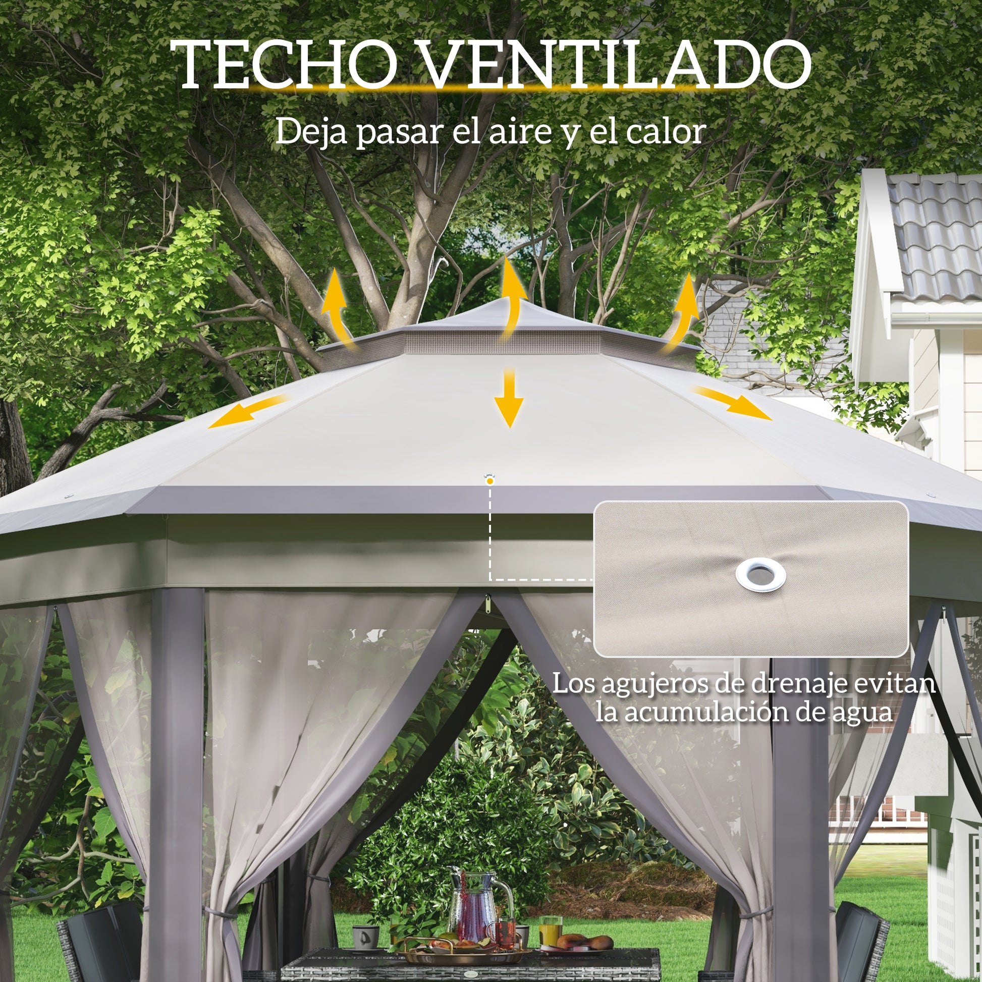 Outsunny Carpa Plegable 4x3,4 m, Cenador de Jardín Hexagonal con Doble Techo, 6 Mosquiteras Extraíbles y Bolsa de Transporte, Impermeable, Anti-UV para Exterior, Fiestas, Marrón y Beige