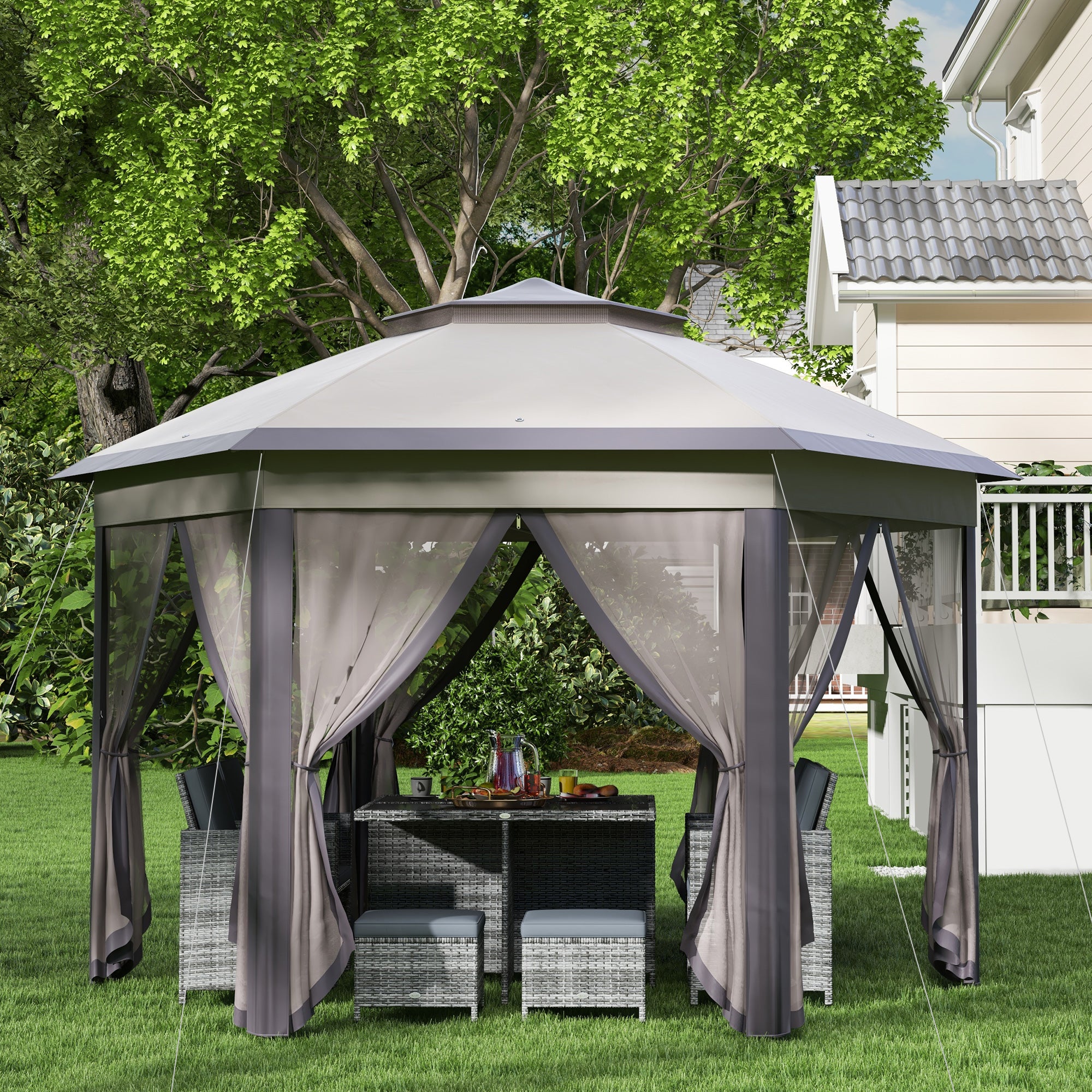 Outsunny Carpa Plegable 4x3,4 m, Cenador de Jardín Hexagonal con Doble Techo, 6 Mosquiteras Extraíbles y Bolsa de Transporte, Impermeable, Anti-UV para Exterior, Fiestas, Marrón y Beige