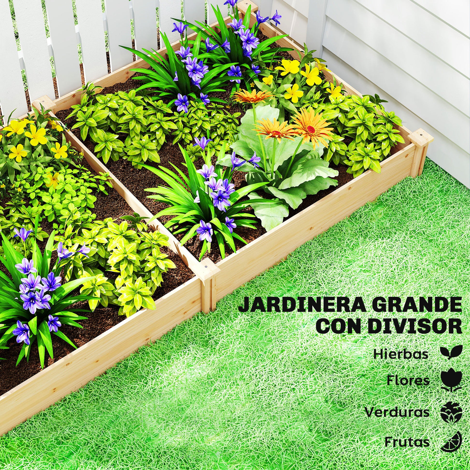 Outsunny Jardinera Elevada de Madera, Huerto Urbano para Cultivar Plantas, Macetero Exterior con Divisor y Base Abierta, Pintura DIY, para Jardín, Terraza, 235x121x26 cm, Natural