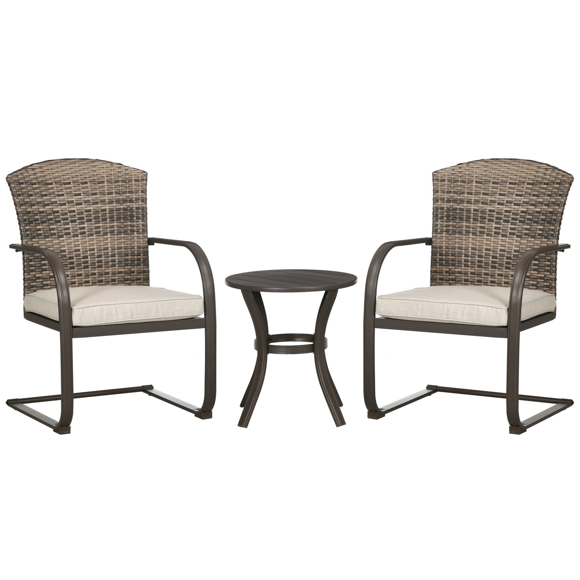 Outsunny Conjunto de Muebles de Jardín de Ratán Juego de 3 Piezas Muebles de Patio Incluye 2 Sillas Mecedoras con Cojines y Mesa Redonda para Terraza Césped Balcón Marrón