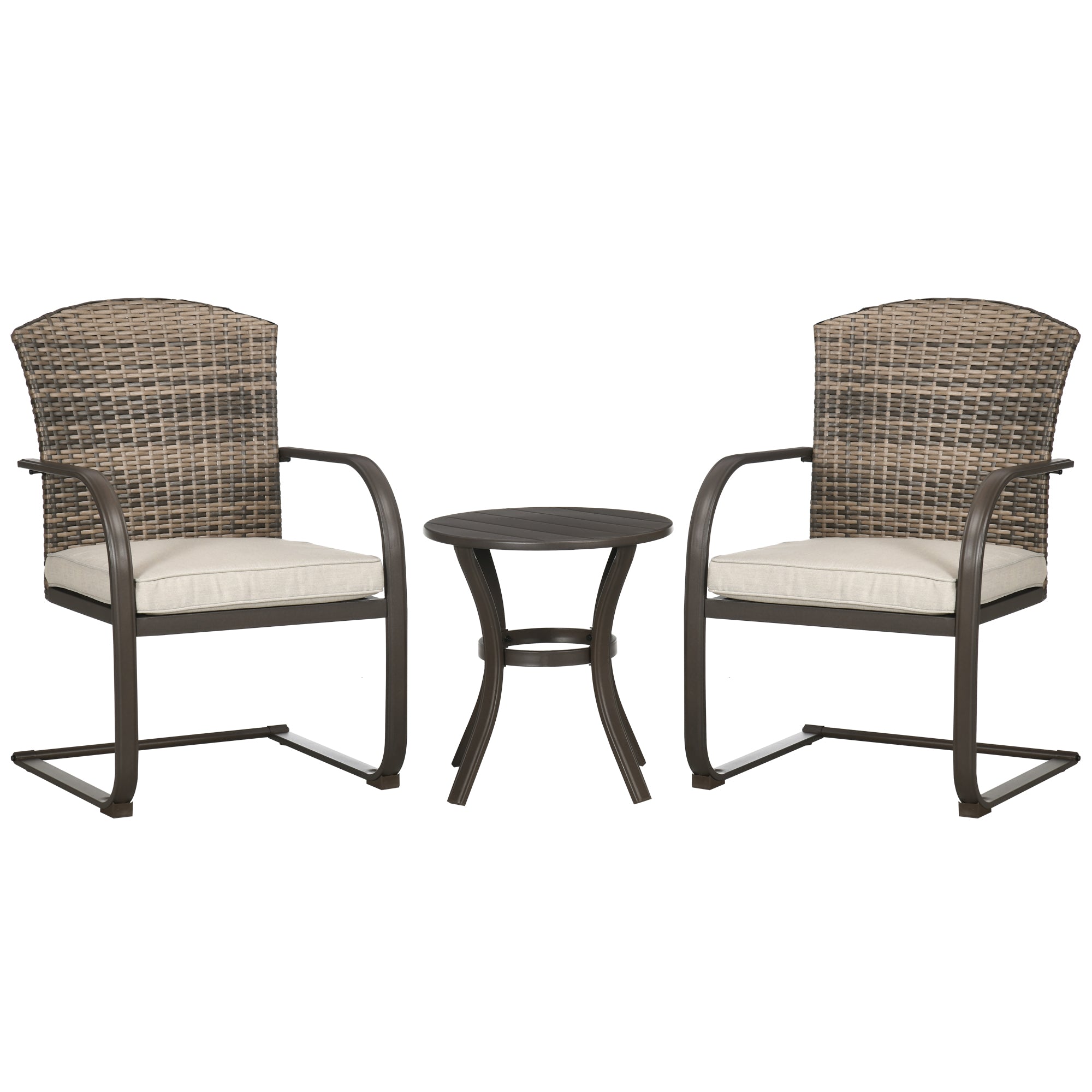 Outsunny Conjunto de Muebles de Jardín de Ratán Juego de 3 Piezas Muebles de Patio Incluye 2 Sillas Mecedoras con Cojines y Mesa Redonda para Terraza Césped Balcón Marrón