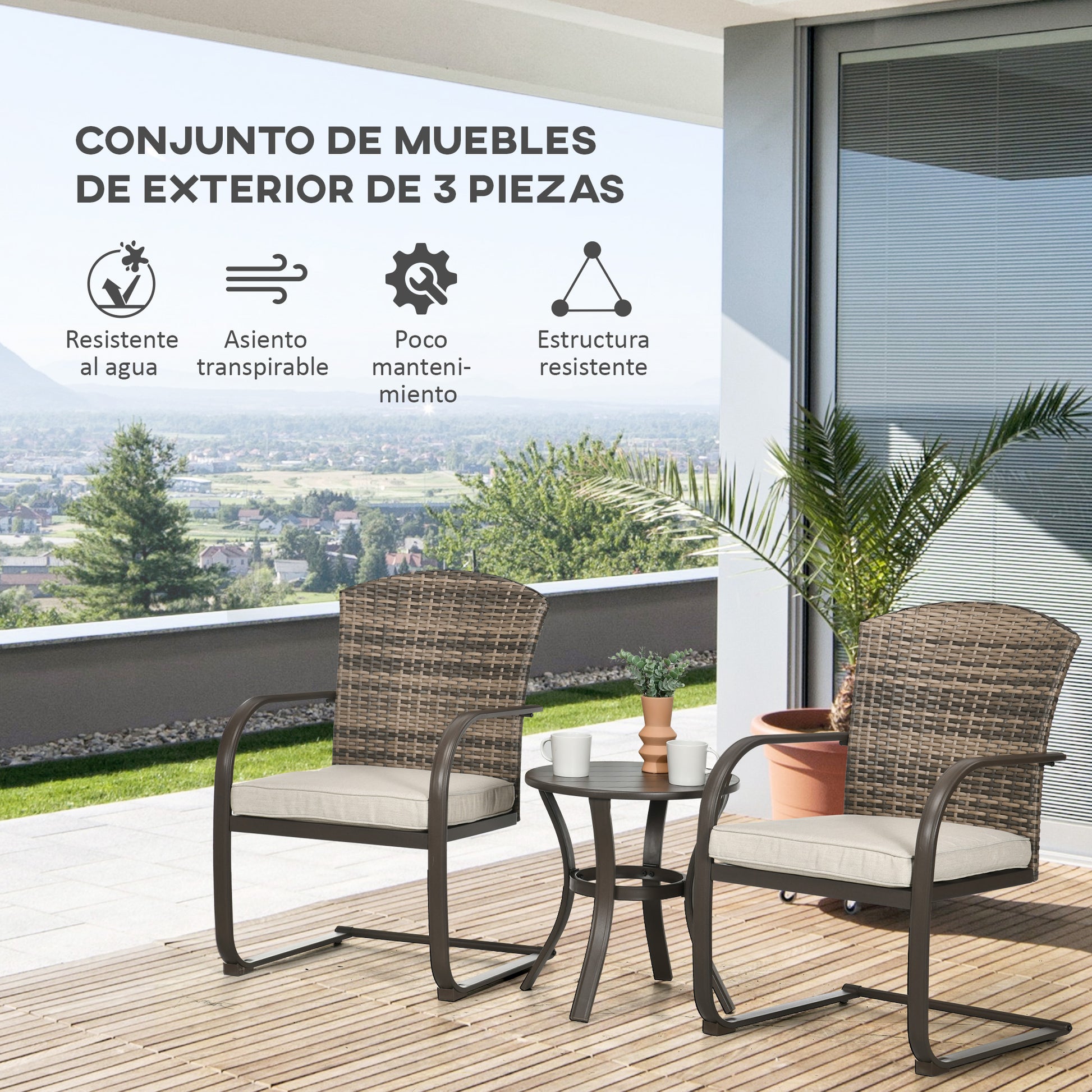 Outsunny Conjunto de Muebles de Jardín de Ratán Juego de 3 Piezas Muebles de Patio Incluye 2 Sillas Mecedoras con Cojines y Mesa Redonda para Terraza Césped Balcón Marrón