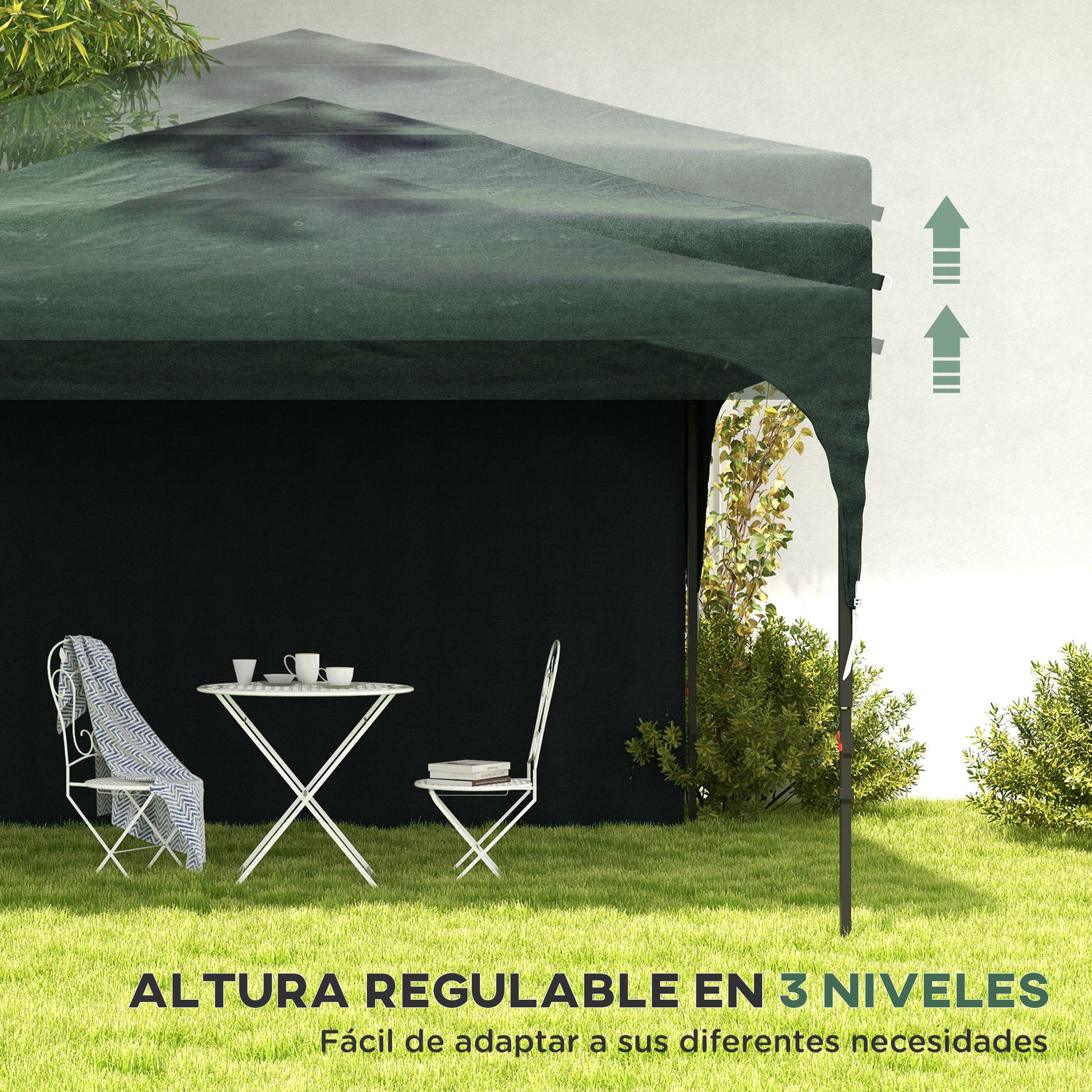Outsunny Carpa Plegable 3x3 m Cenador de Jardín con Altura Ajustable 1 Pared Lateral Impermeable 4 Bolsas de Arena y Bolsa de Transporte Gazebo para Exterior Patio Fiestas Verde