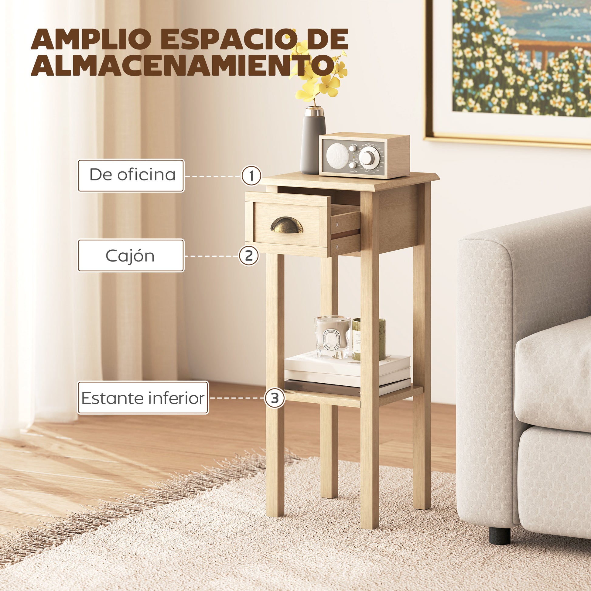 HOMCOM Mesa Auxiliar Rústica, Mesa Auxiliar para Sofá, con Cajón y Estante, Mesita de Noche para Salón, Dormitorio, 30x30x75 cm, Madera Natural