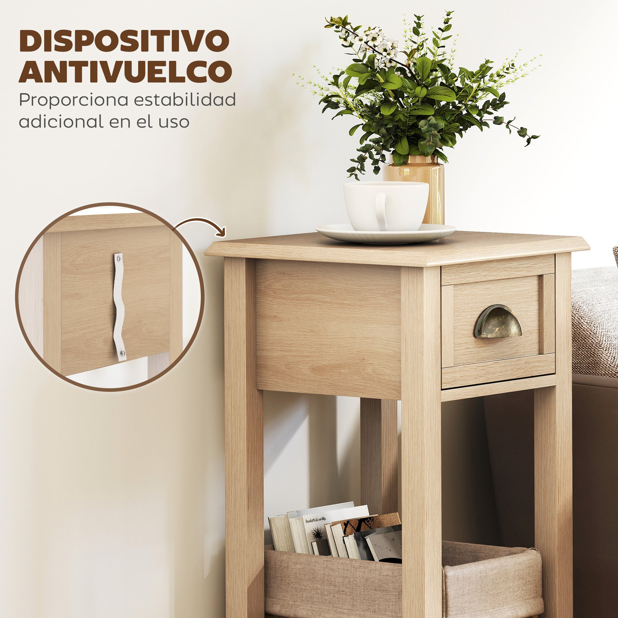 HOMCOM Mesa Auxiliar Rústica, Mesa Auxiliar para Sofá, con Cajón y Estante, Mesita de Noche para Salón, Dormitorio, 30x30x75 cm, Madera Natural