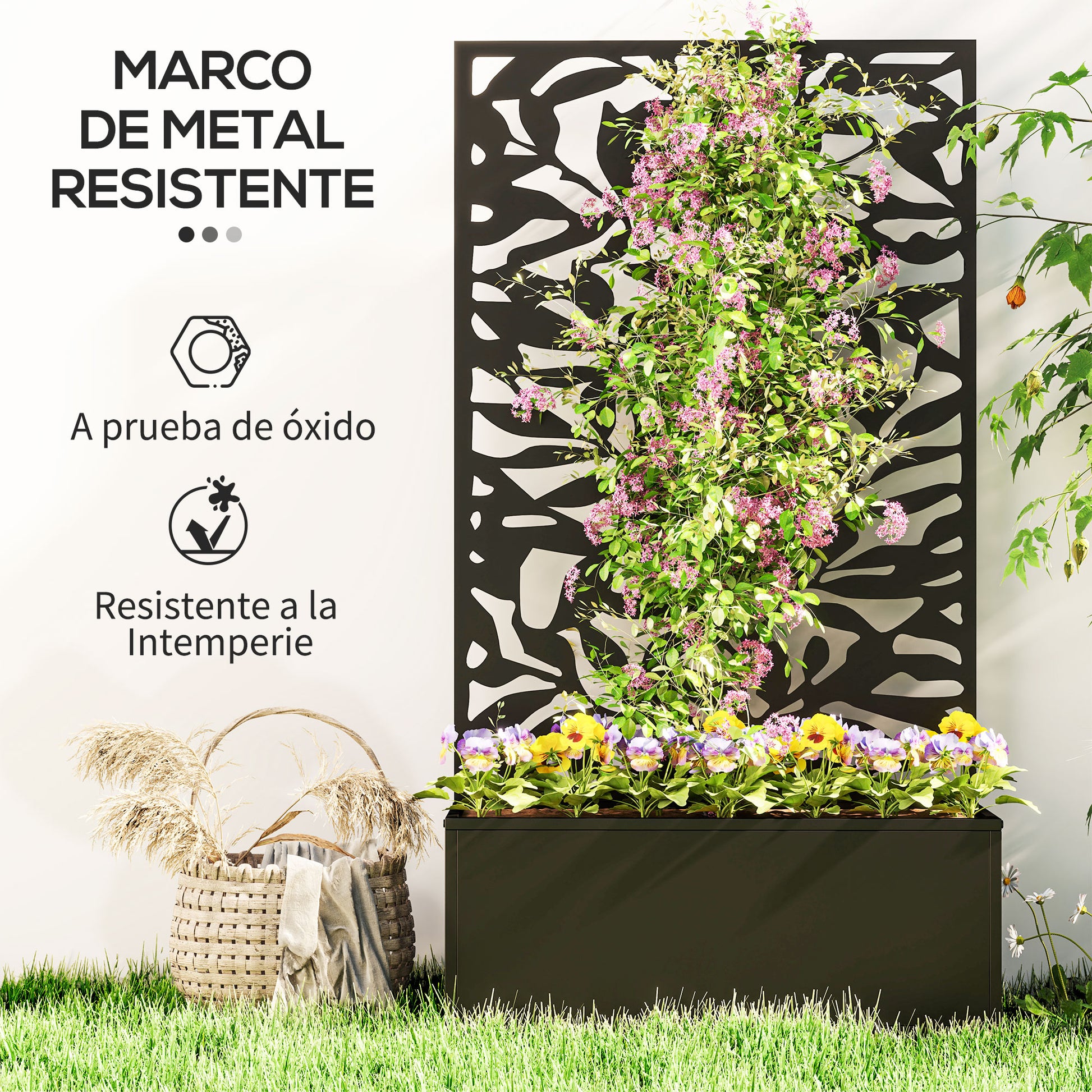 Outsunny Jardinera Exterior Grande de Metal Jardinera con Pantalla de Privacidad de Hojas Sólidas Decorativas Jardinera de Pared o Independiente para Patio Terraza 61x23x113 cm Negro