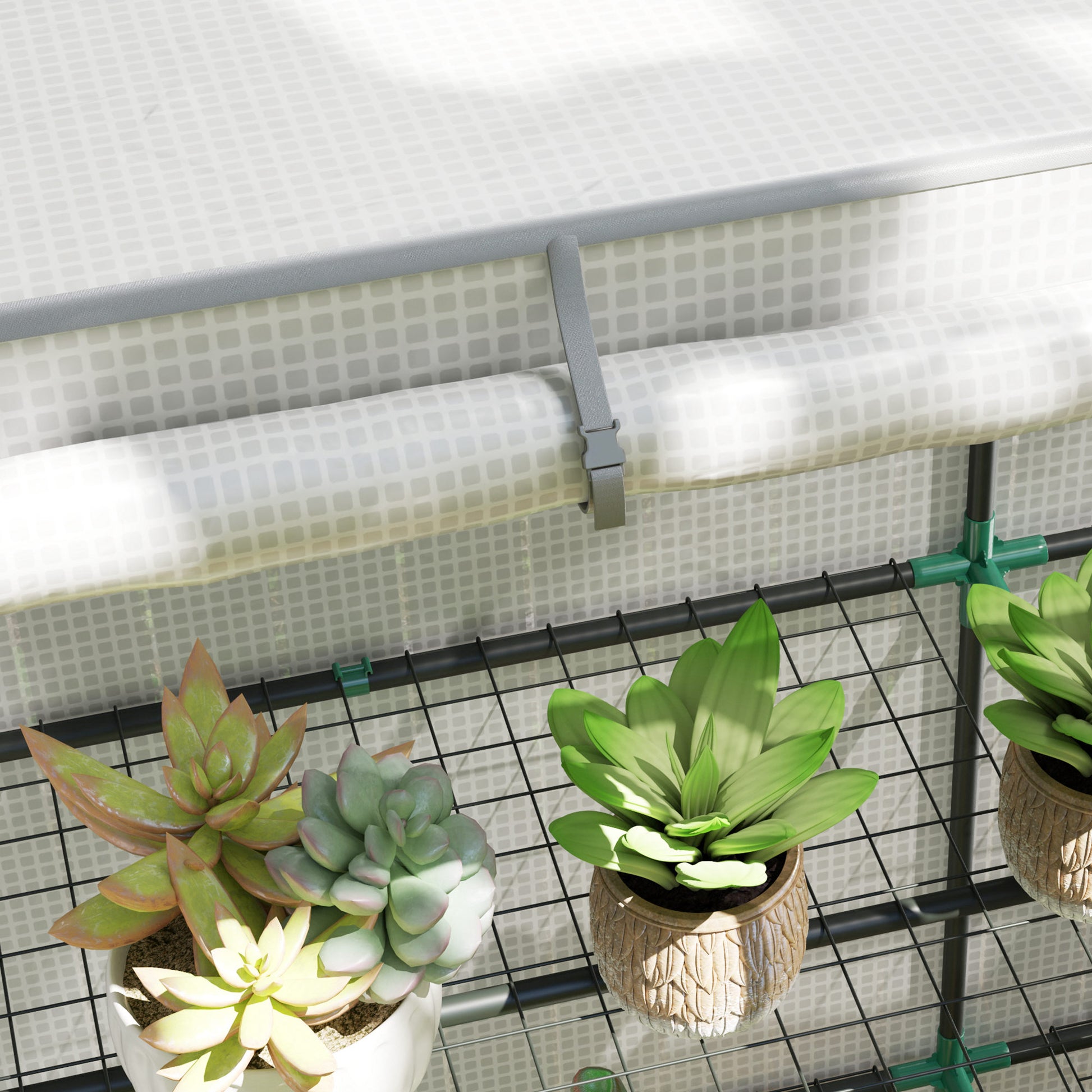 Outsunny Invernadero de Exterior con Techo Inclinado Invernadero Pequeño con 3 Estantes 2 Puertas Enrollables Cubierta de PE y Marco de Acero para Cultivos Plantas Flores 144x48x152 cm Blanco