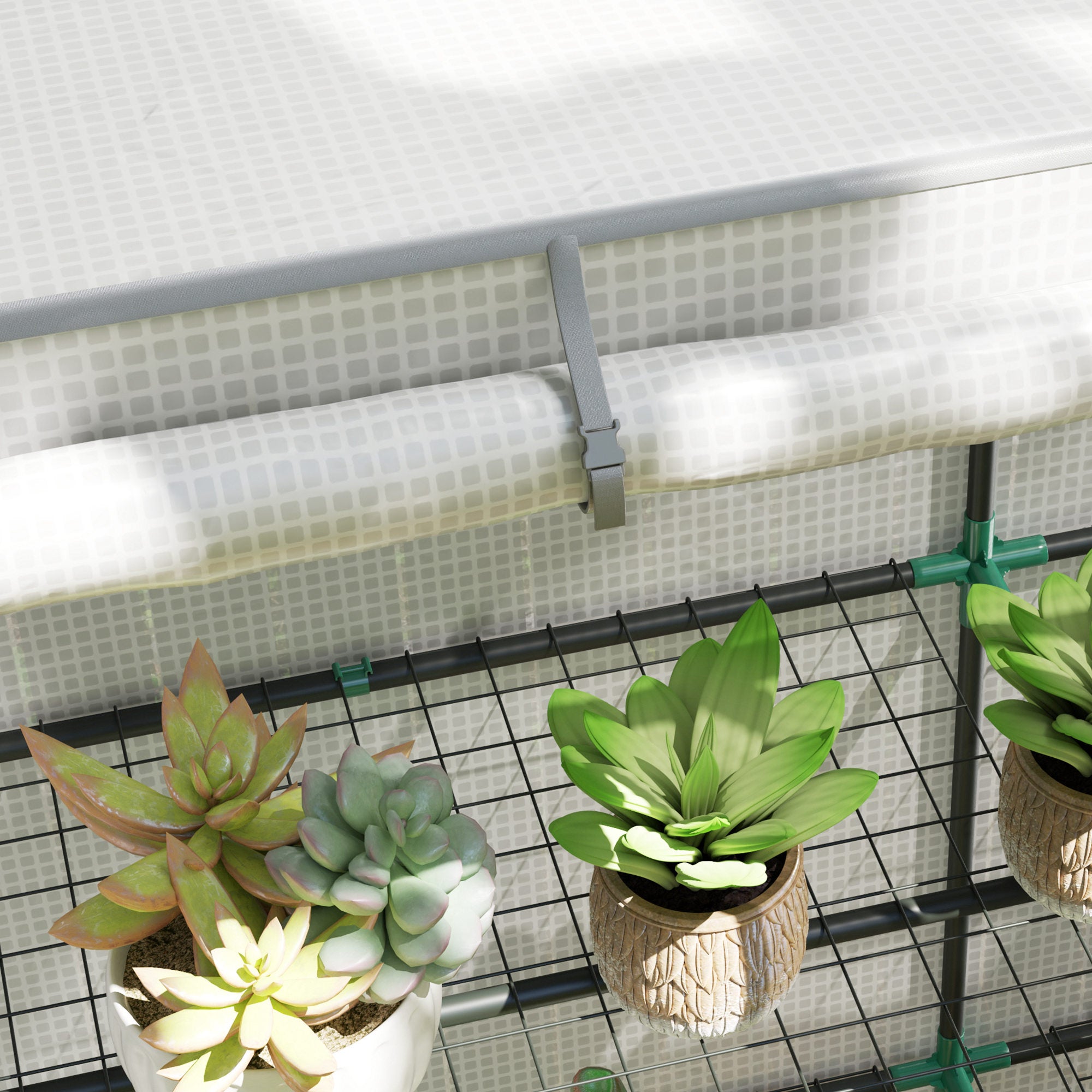 Outsunny Invernadero de Exterior con Techo Inclinado Invernadero Pequeño con 3 Estantes 2 Puertas Enrollables Cubierta de PE y Marco de Acero para Cultivos Plantas Flores 144x48x152 cm Blanco