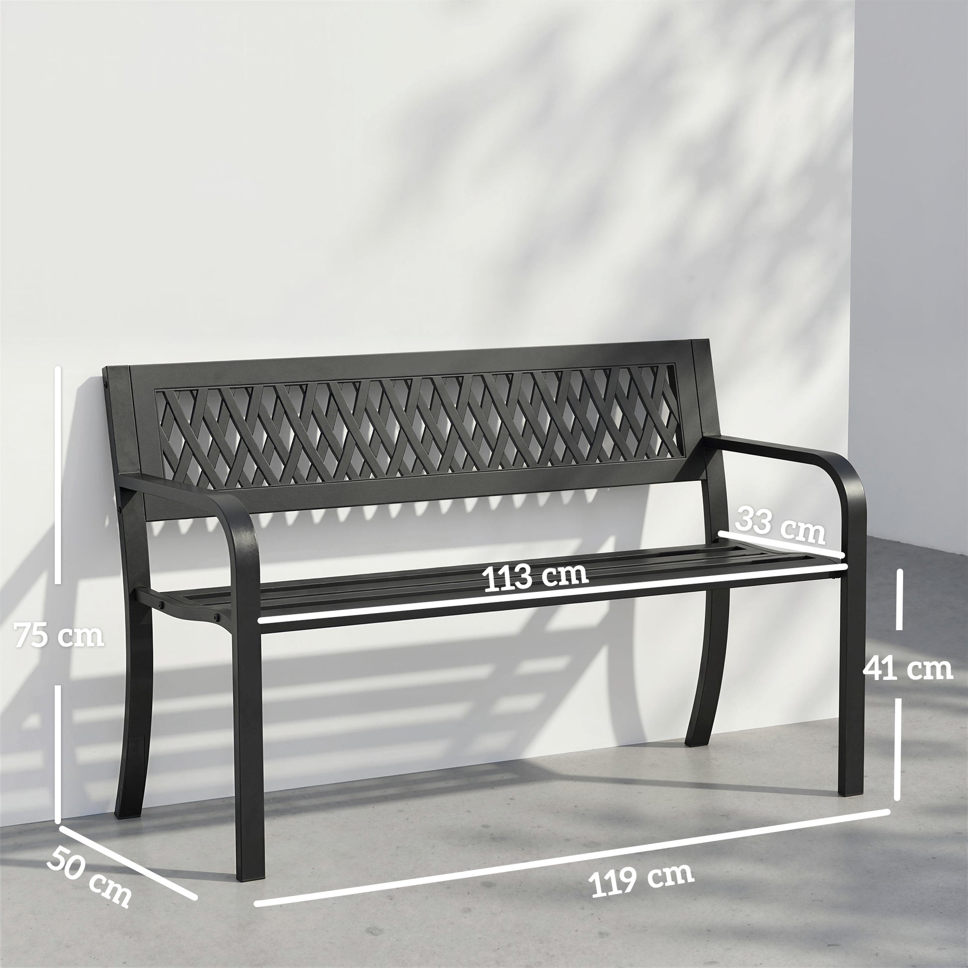 Outsunny Banco de Jardín Exterior de 2 Plazas, Banco Exterior con Asiento Listonado, Reposabrazos y Marco de Acero, para Patio, Terraza, 119x50x75 cm, Negro