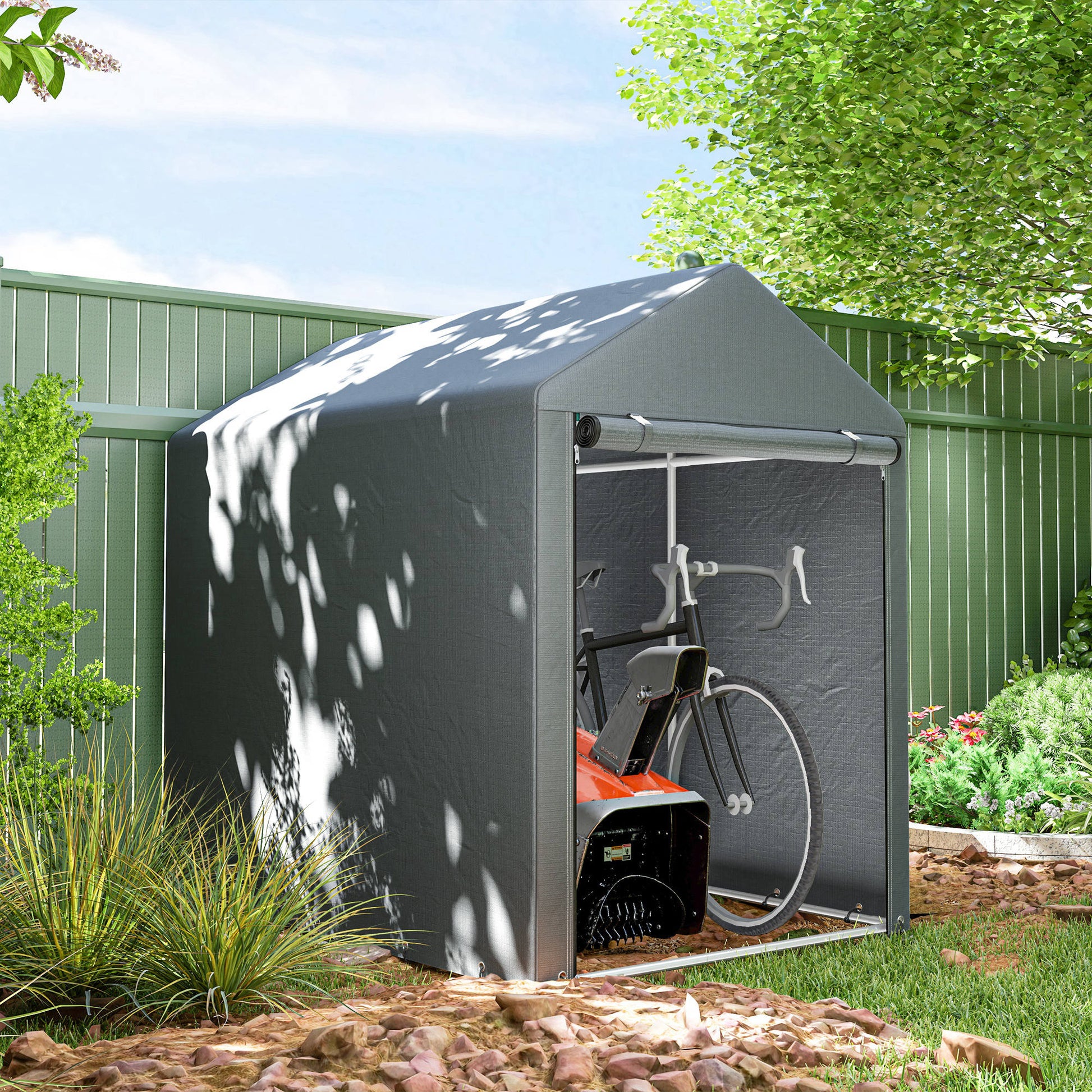 Outsunny Carpa para Herramientas Bicicletas y Motos 1,2x1,8x1,65 m Garaje Portátil con 2 Habitaciones Puerta con Cremallera Impermeable Anti-UV Cochera Portátil para Jardín Gris Oscuro