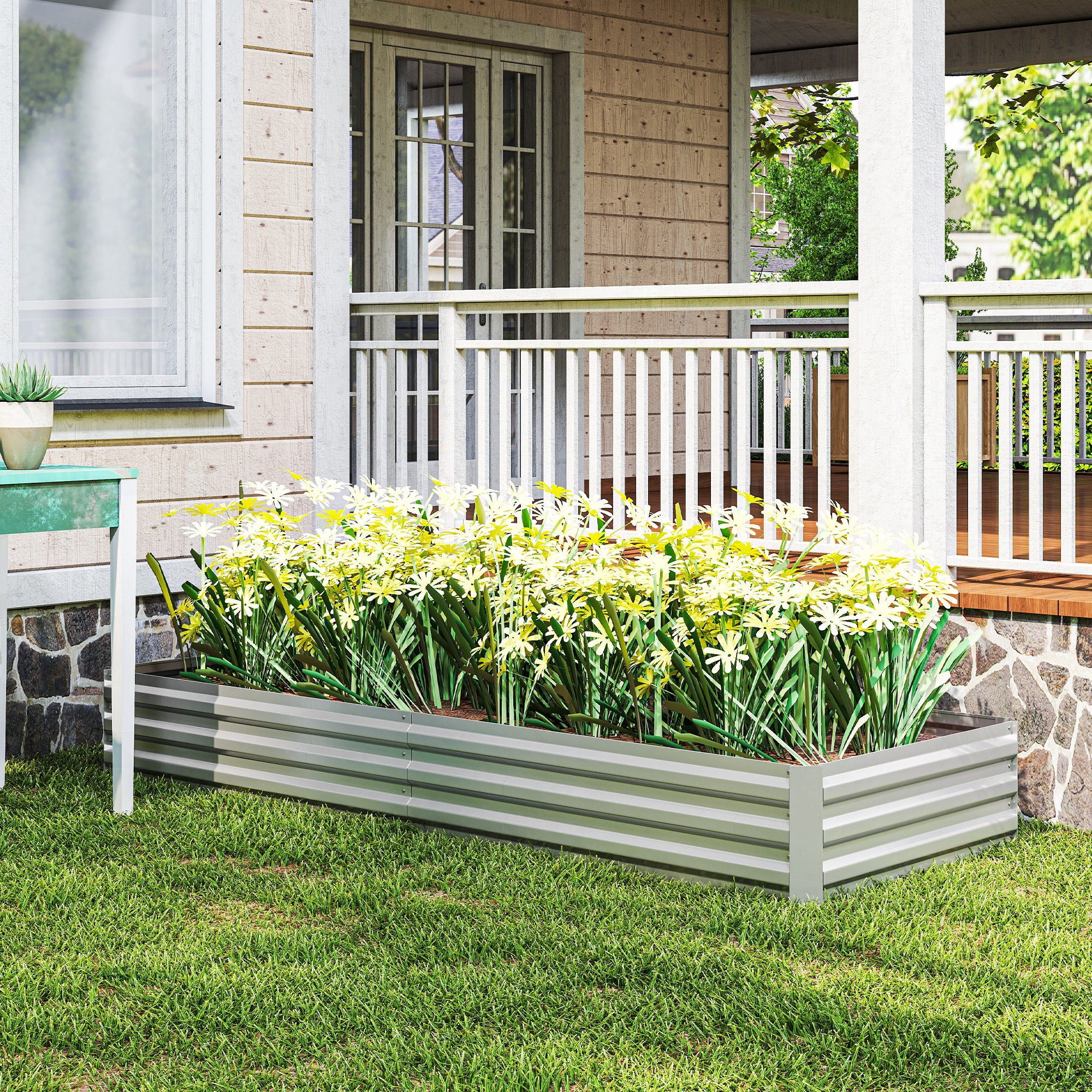 Outsunny Jardinera Exterior Grande Rectangular de Acero Galvanizado, Huerto Urbano para Cultivar Plantas, Macetero Grande Exterior con Base Abierta, Resistente a la Intemperie, 241x90,5x30 cm, Plata