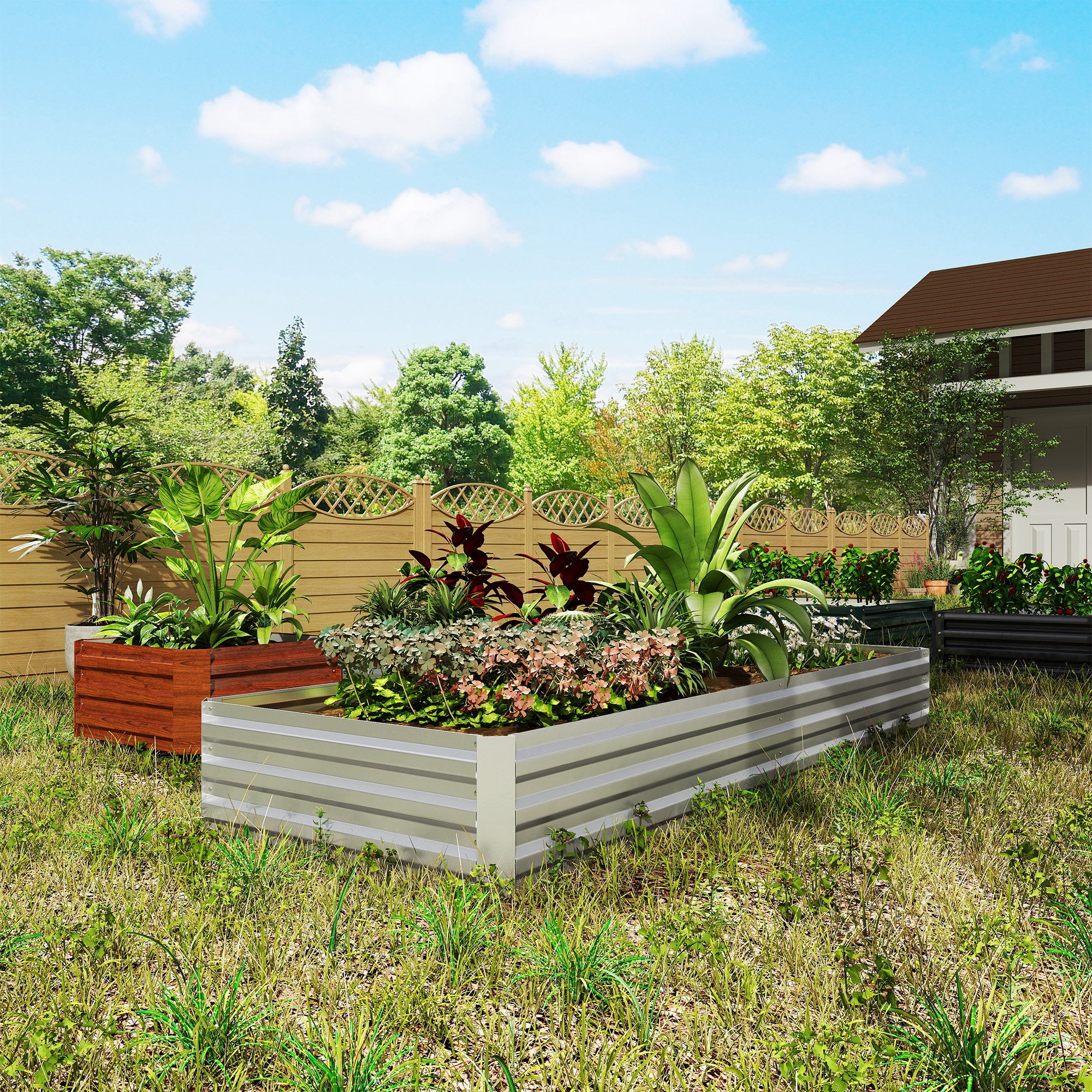 Outsunny Jardinera Exterior Grande Rectangular de Acero Galvanizado, Huerto Urbano para Cultivar Plantas, Macetero Grande Exterior con Base Abierta, Resistente a la Intemperie, 241x90,5x30 cm, Plata