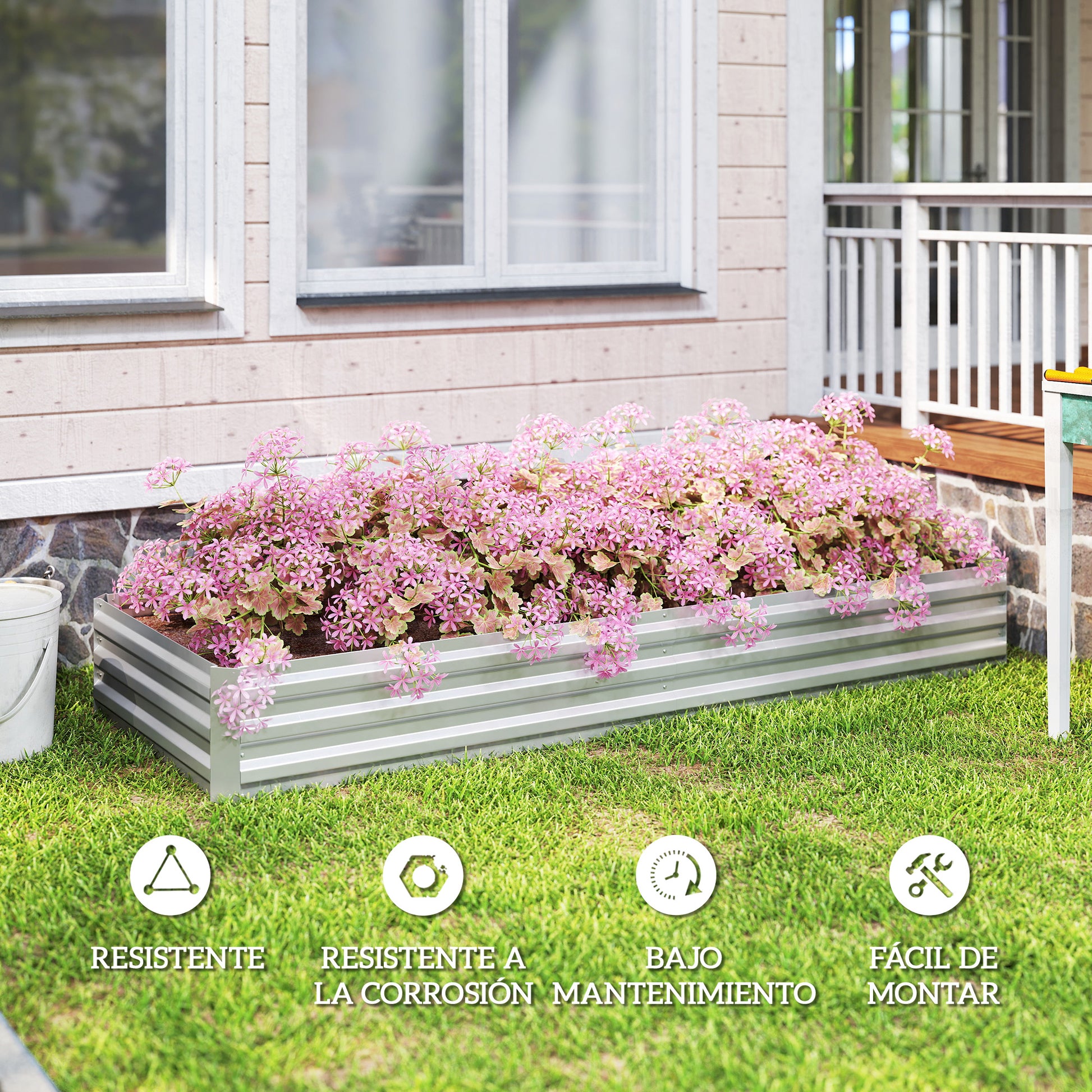 Outsunny Jardinera Exterior Grande Rectangular de Acero Galvanizado, Huerto Urbano para Cultivar Plantas, Macetero Grande Exterior con Base Abierta, Resistente a la Intemperie, 241x90,5x30 cm, Plata