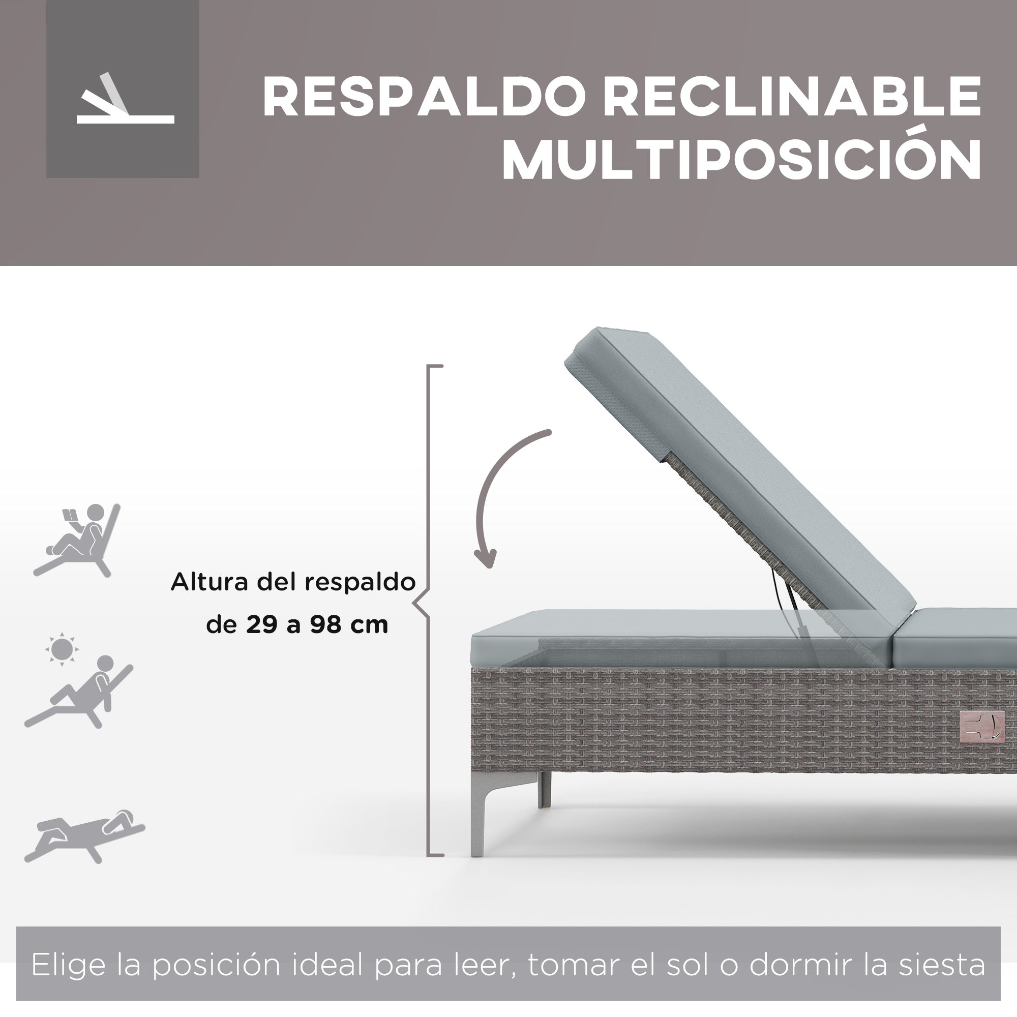 Outsunny Tumbona de Ratán Reclinable Tumbona de Jardín con Respaldo Ajustable Cojín Extraíble y Lavable Carga 160 kg para Patio Terraza 202x61x29-98 cm Gris y Marrón