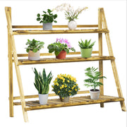Outsunny Soporte para Plantas de Madera de 3 Niveles, Estantería para Plantas Plegable con Base de Listones, Soporte para Macetas para Interior y Exterior, Terraza, Jardín, 100x37x93 cm, Carbonizado
