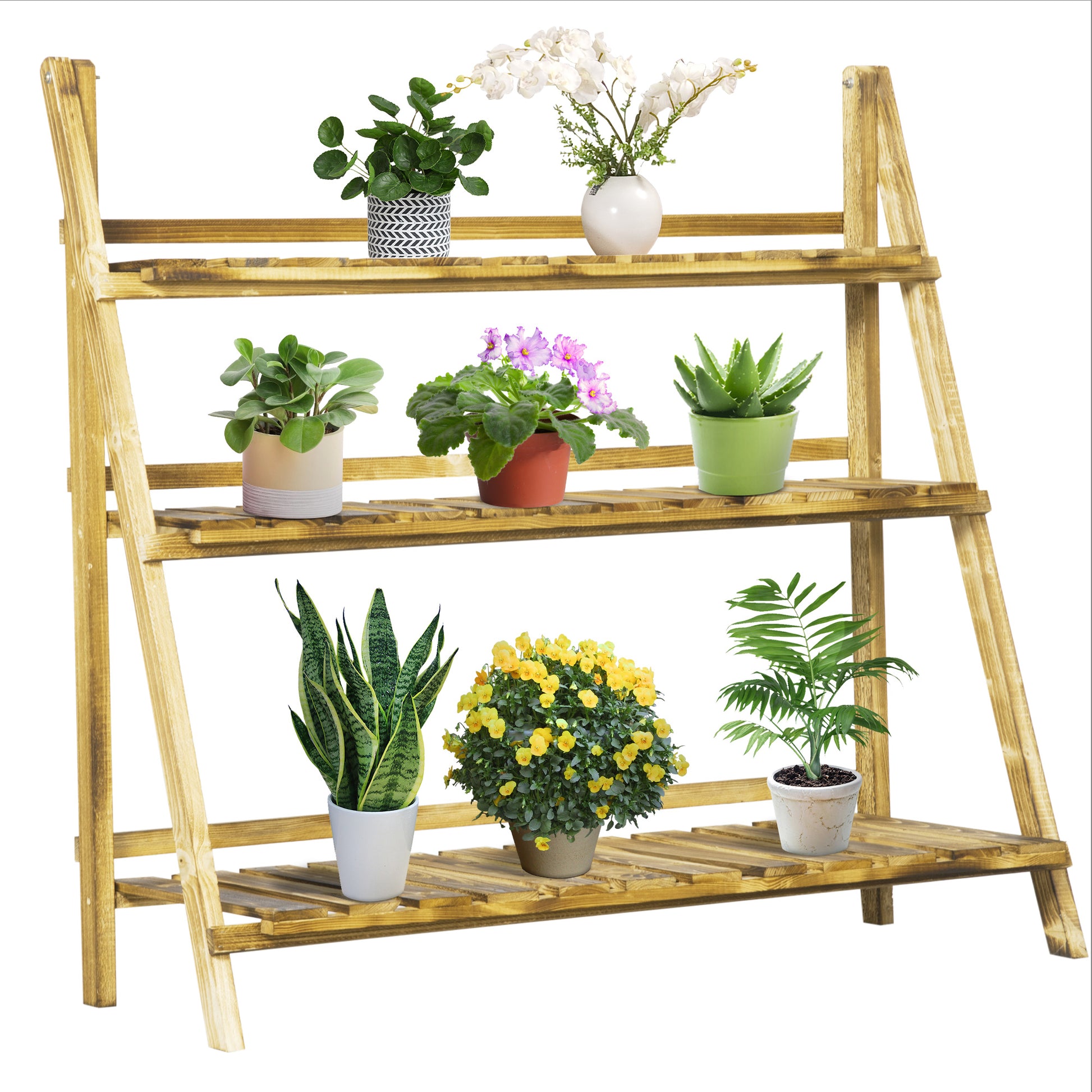 Outsunny Soporte para Plantas de Madera de 3 Niveles, Estantería para Plantas Plegable con Base de Listones, Soporte para Macetas para Interior y Exterior, Terraza, Jardín, 100x37x93 cm, Carbonizado