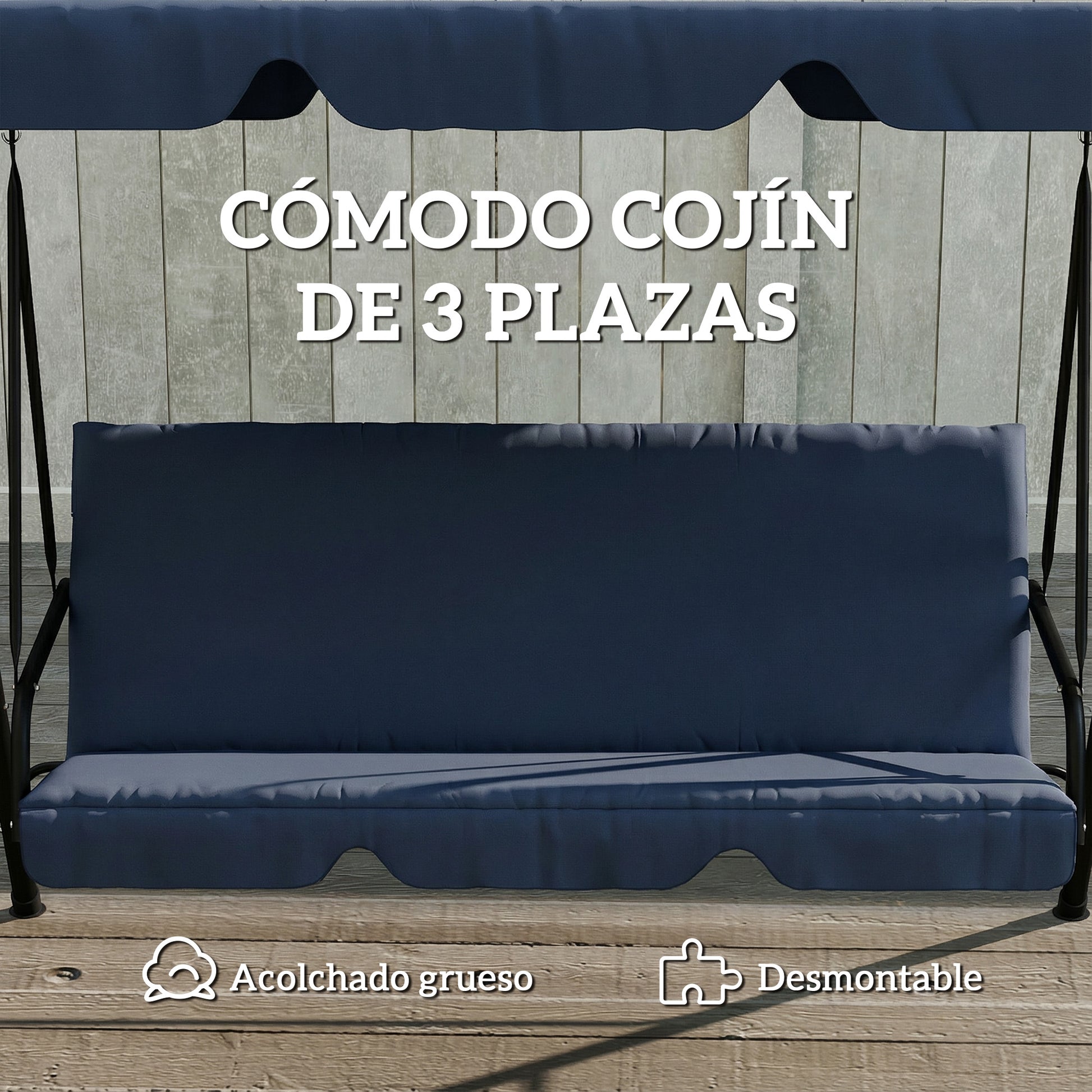 Outsunny Columpio de Jardín Exterior de 3 Plazas, Balancín de Jardín Exterior con Techo Ajustable, Cojín y Marco de Acero, para Balcón, Terraza, Patio, Carga 240 kg, 172x118x153 cm, Azul Marino