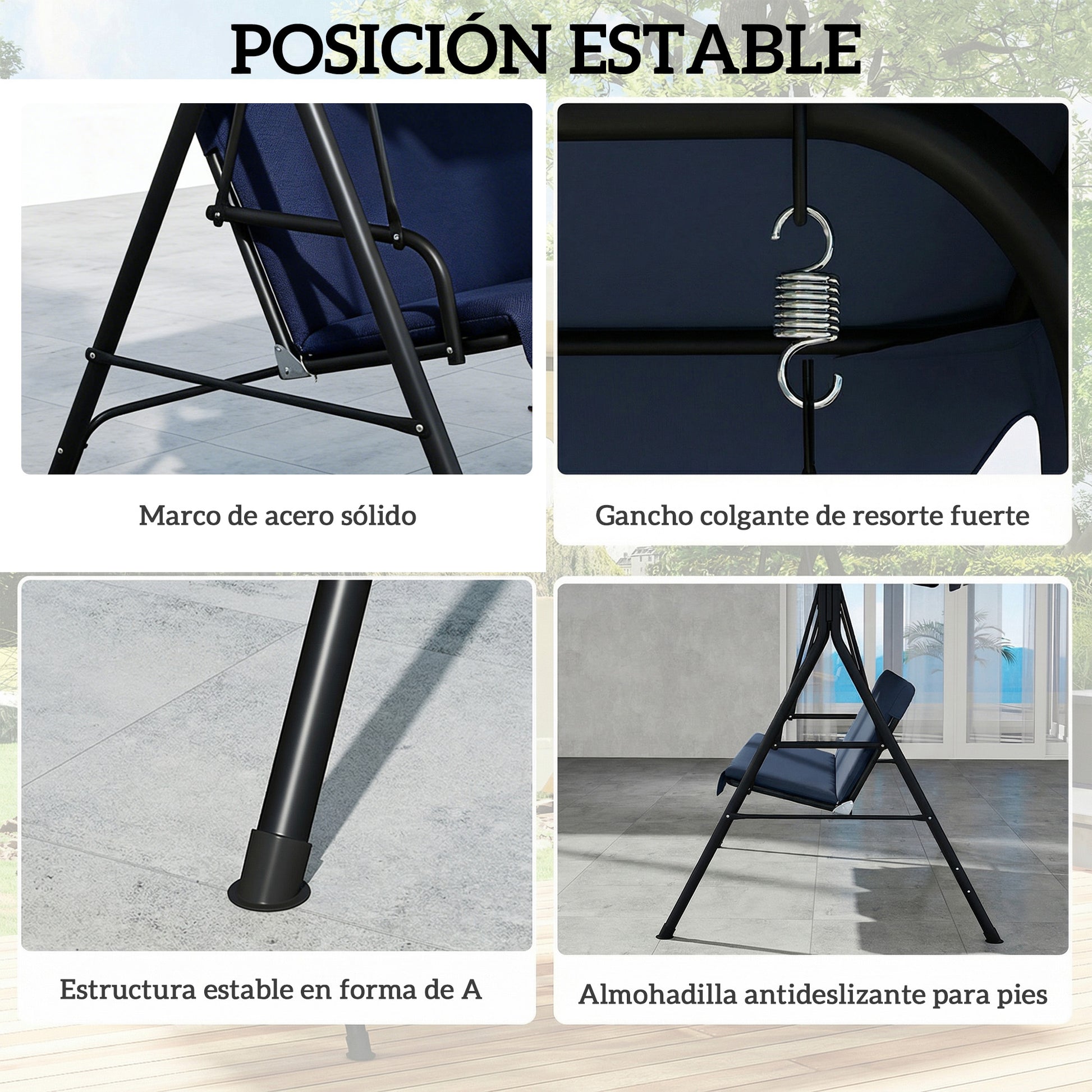Outsunny Columpio de Jardín Exterior de 3 Plazas, Balancín de Jardín Exterior con Techo Ajustable, Cojín y Marco de Acero, para Balcón, Terraza, Patio, Carga 240 kg, 172x118x153 cm, Azul Marino