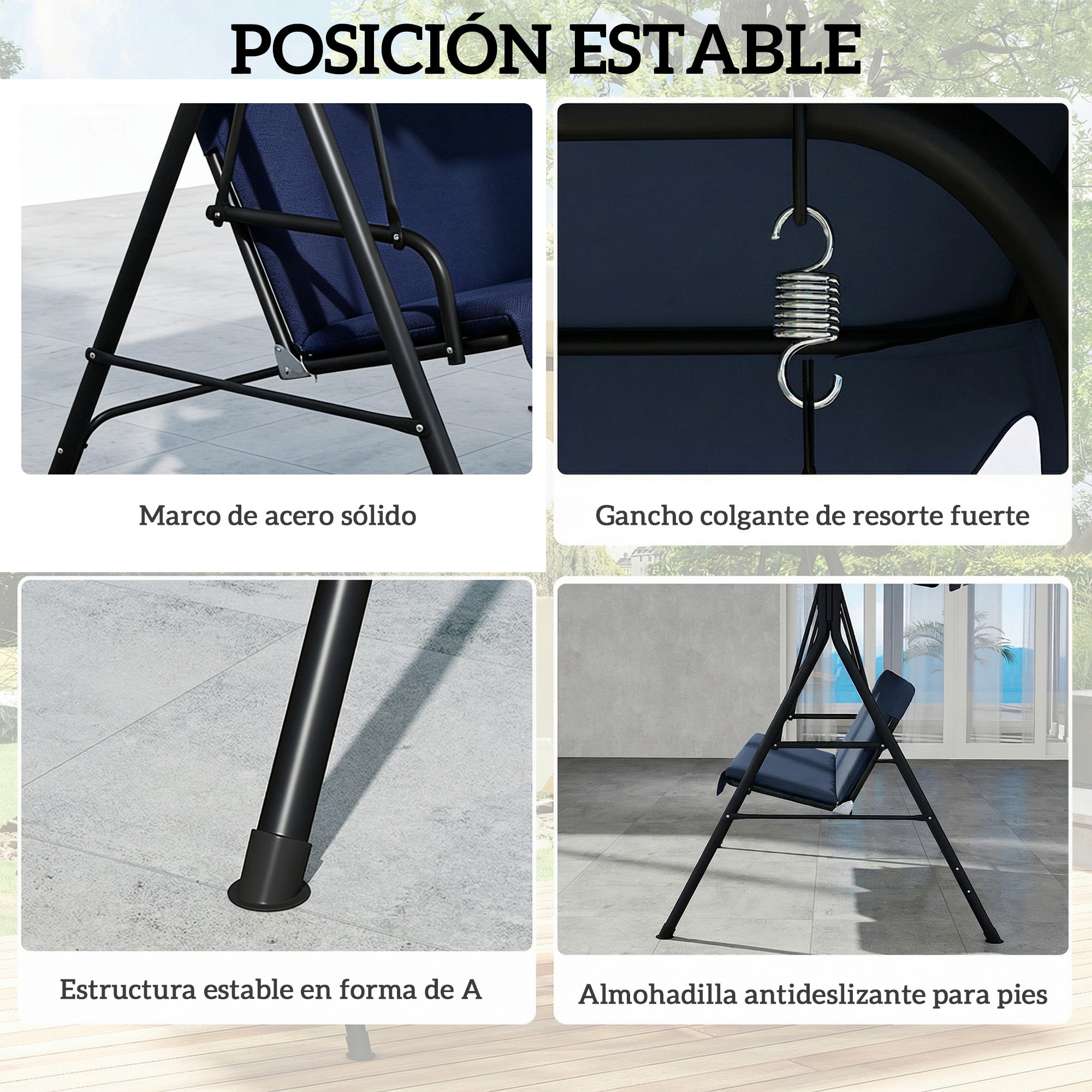 Outsunny Columpio de Jardín Exterior de 3 Plazas, Balancín de Jardín Exterior con Techo Ajustable, Cojín y Marco de Acero, para Balcón, Terraza, Patio, Carga 240 kg, 172x118x153 cm, Azul Marino