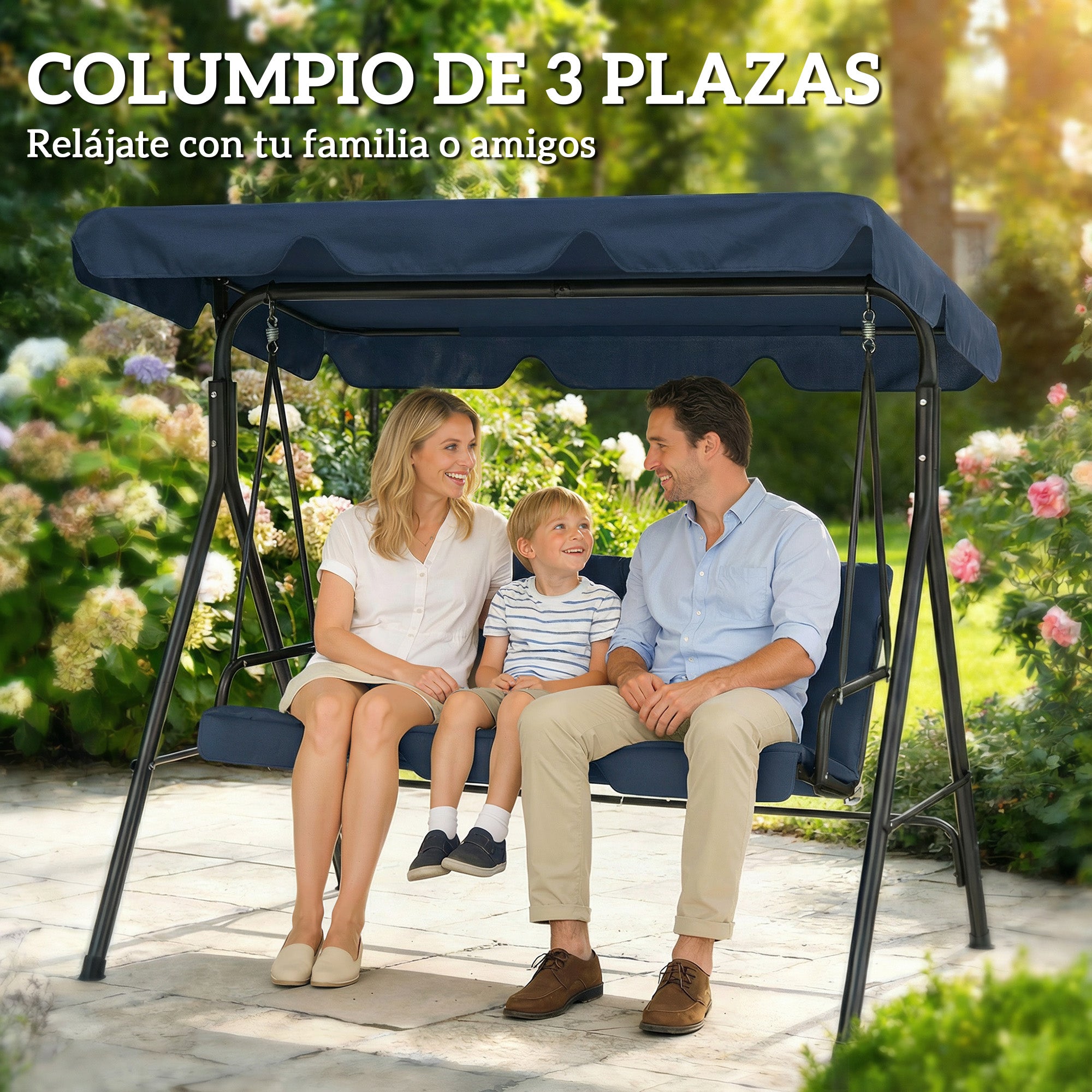 Outsunny Columpio de Jardín Exterior de 3 Plazas, Balancín de Jardín Exterior con Techo Ajustable, Cojín y Marco de Acero, para Balcón, Terraza, Patio, Carga 240 kg, 172x118x153 cm, Azul Marino