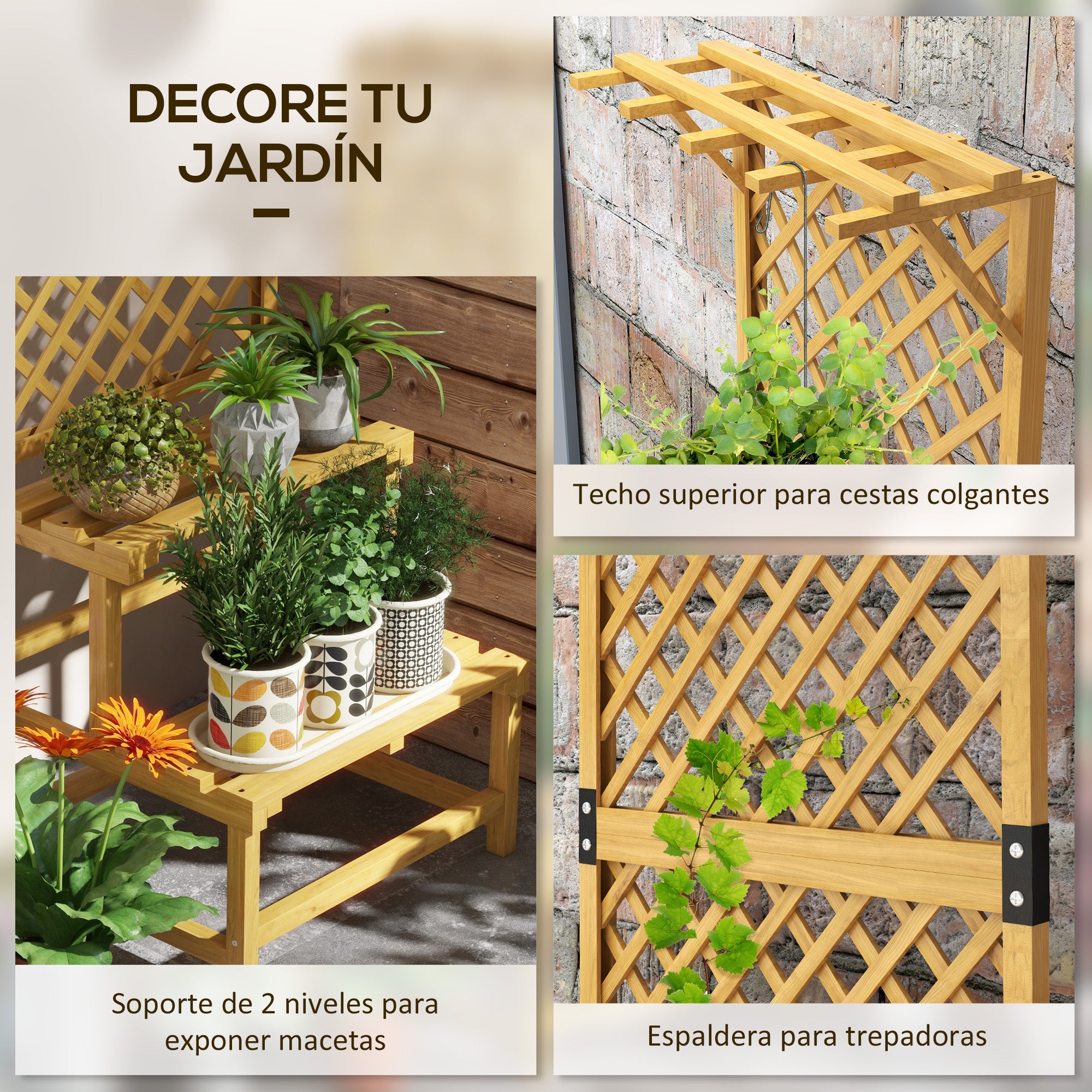 Outsunny Soporte para Plantas de Madera Estantería para Plantas de 2 Niveles Soporte para Macetas Exterior con Enrejado para Jardín Patio Terraza 60x50x166 cm Natural