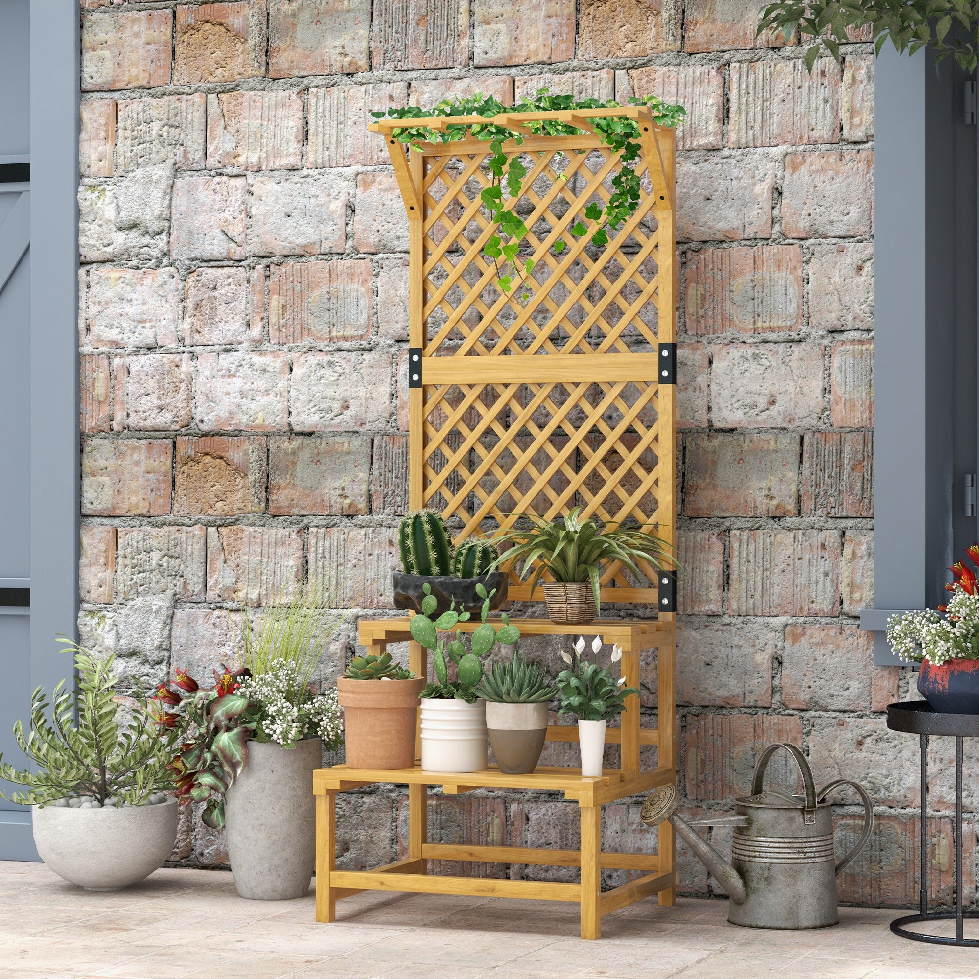 Outsunny Soporte para Plantas de Madera Estantería para Plantas de 2 Niveles Soporte para Macetas Exterior con Enrejado para Jardín Patio Terraza 60x50x166 cm Natural