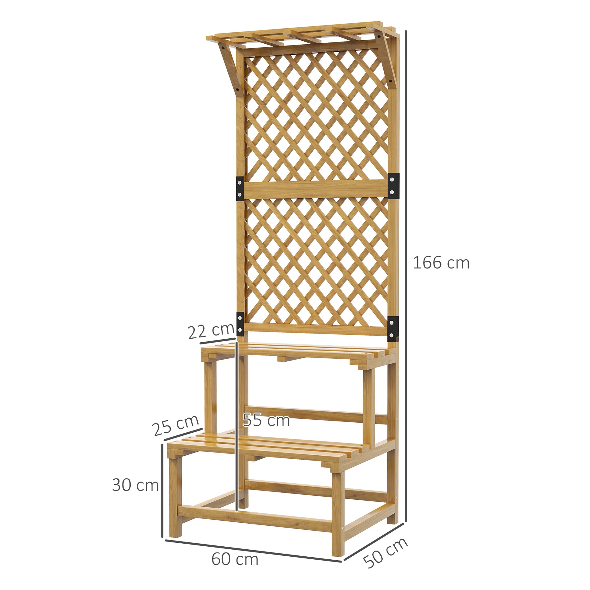 Outsunny Soporte para Plantas de Madera Estantería para Plantas de 2 Niveles Soporte para Macetas Exterior con Enrejado para Jardín Patio Terraza 60x50x166 cm Natural