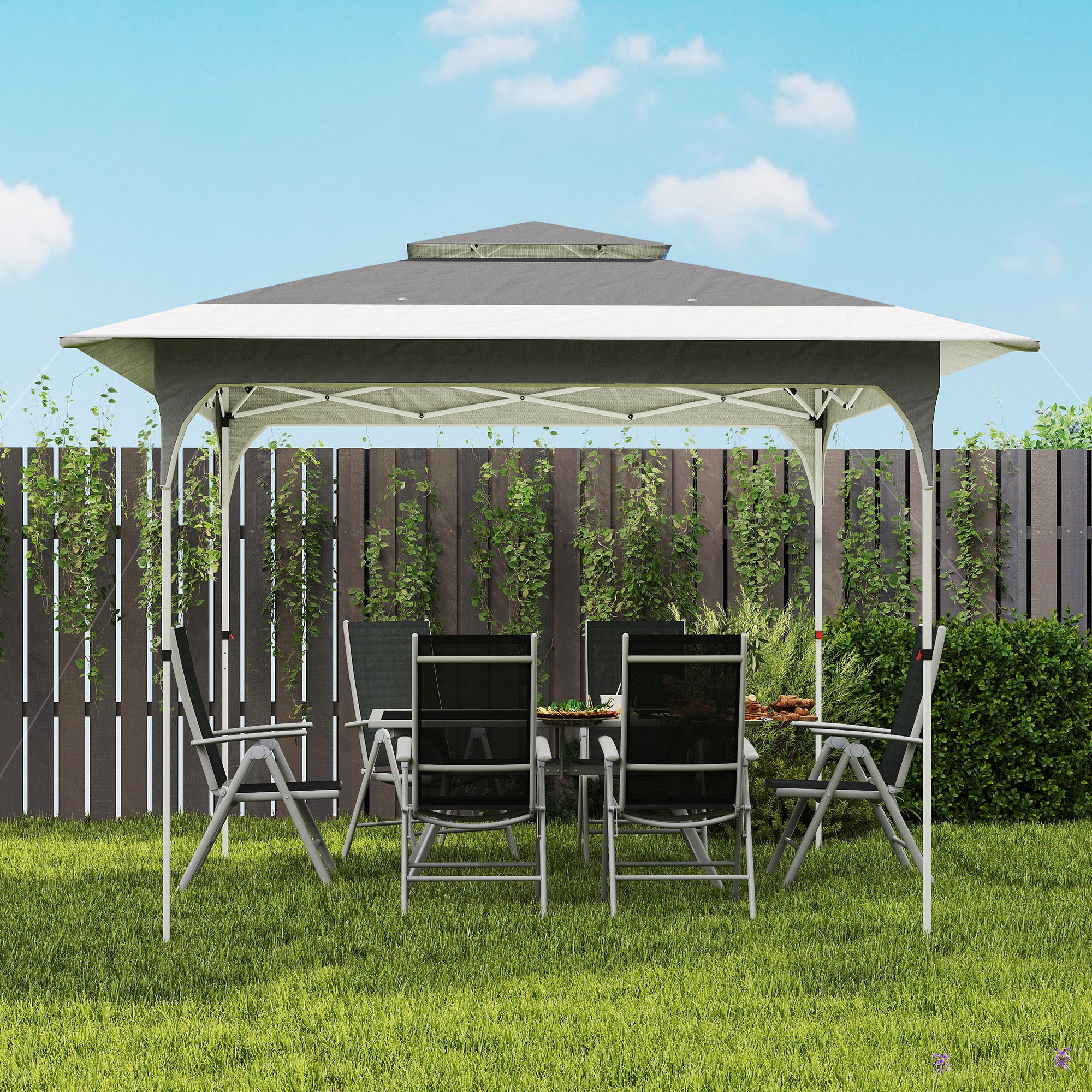 Outsunny Carpa Plegable 3,5x3,5 m, Pop-up, Cenador Pabellón de Jardín con Doble Techo, Cierre Central, UPF50+, Altura Ajustable de 3 Niveles y Bolsa de Transporte, Gazebo para Fiestas, Exterior, Gris