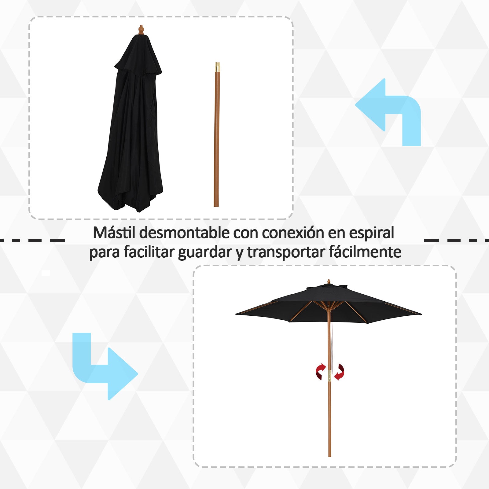 Outsunny Sombrilla de Jardín Ø250x230 cm Parasol de Terraza con 6 Varillas Poste Desmontable Anti-UV Impermeable y Marco de Madera para Playa Patio Negro